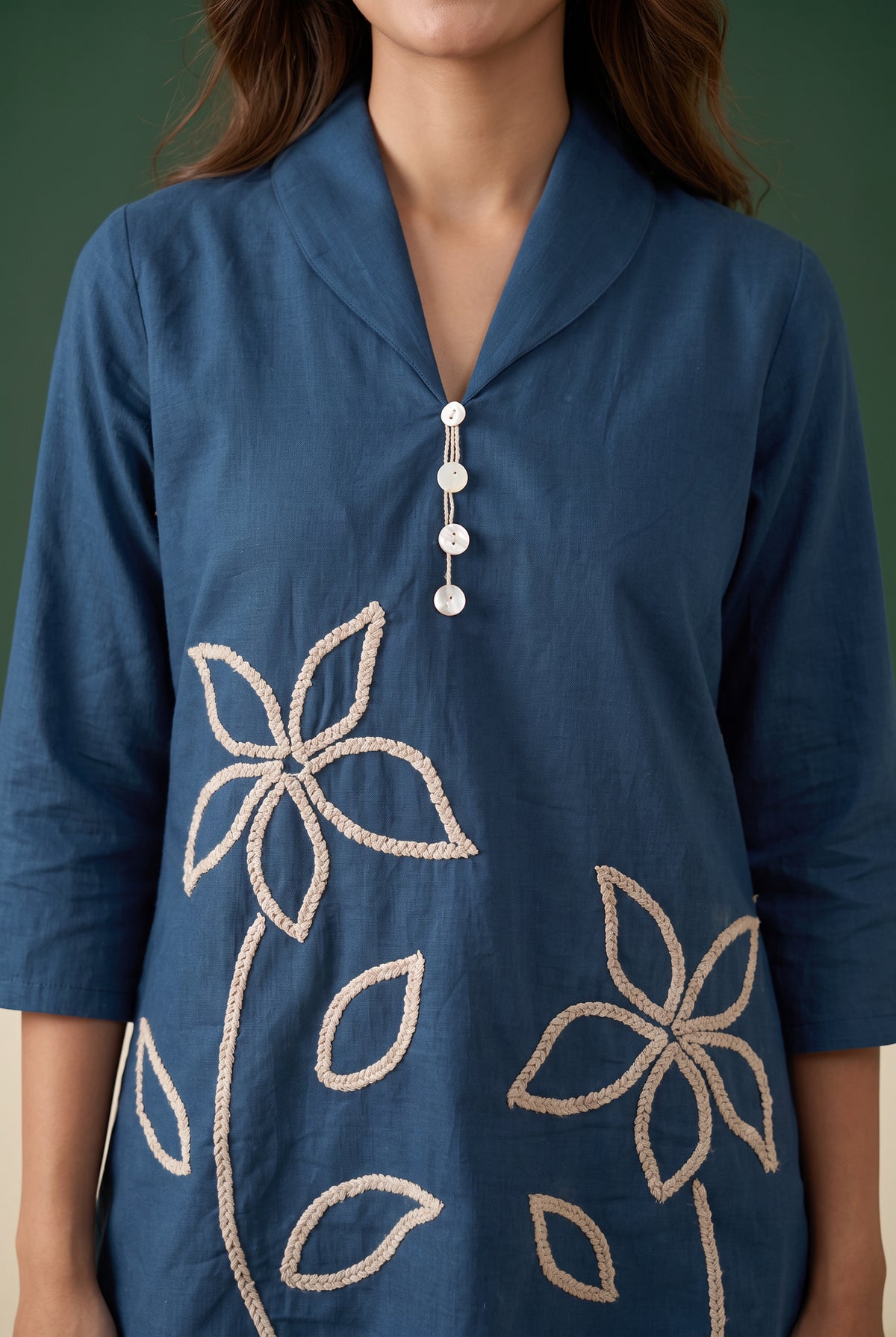 Blue Artistic Flower Outline Embroidered Cotton Flex Co-ord Set