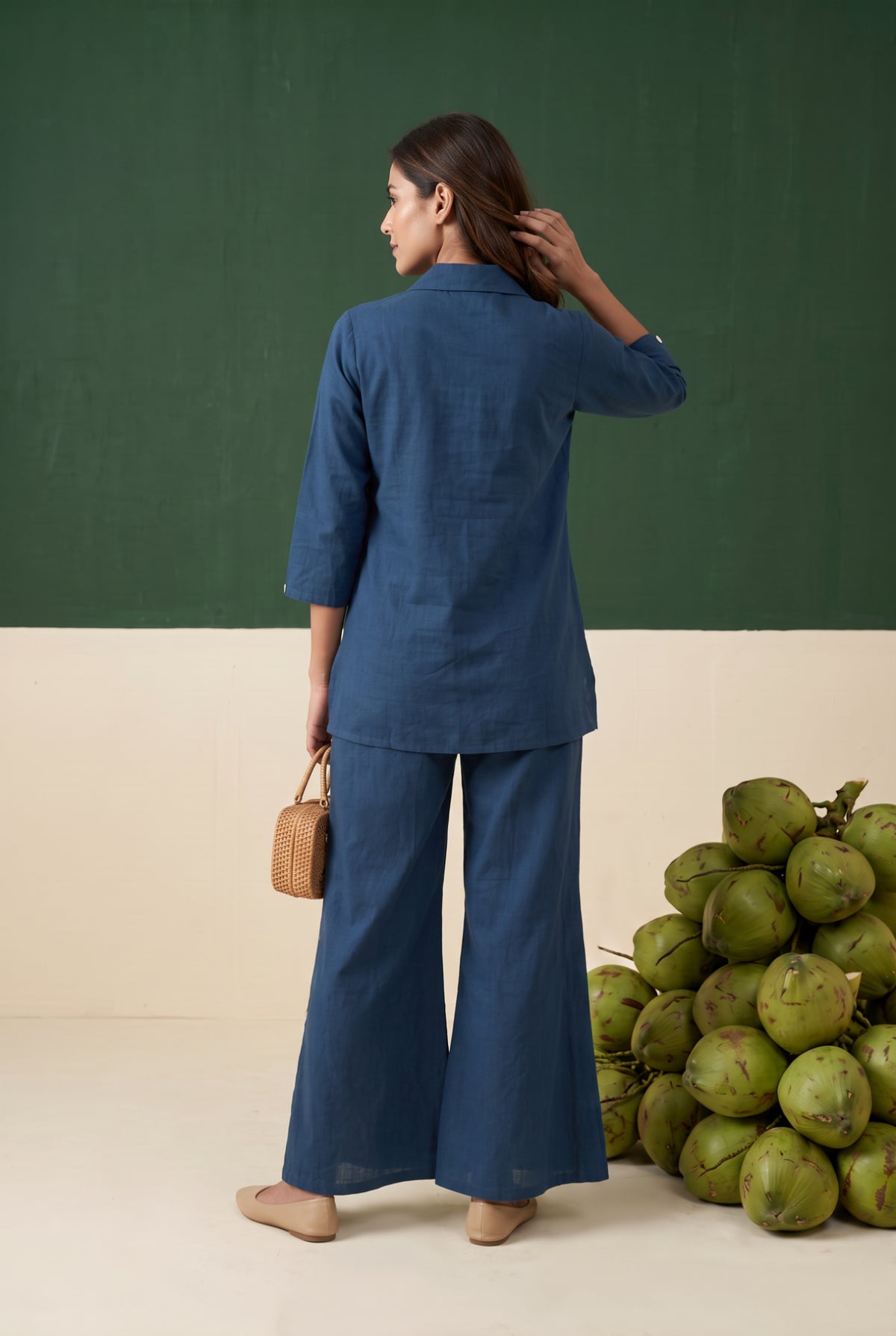 Blue Artistic Flower Outline Embroidered Cotton Flex Co-ord Set