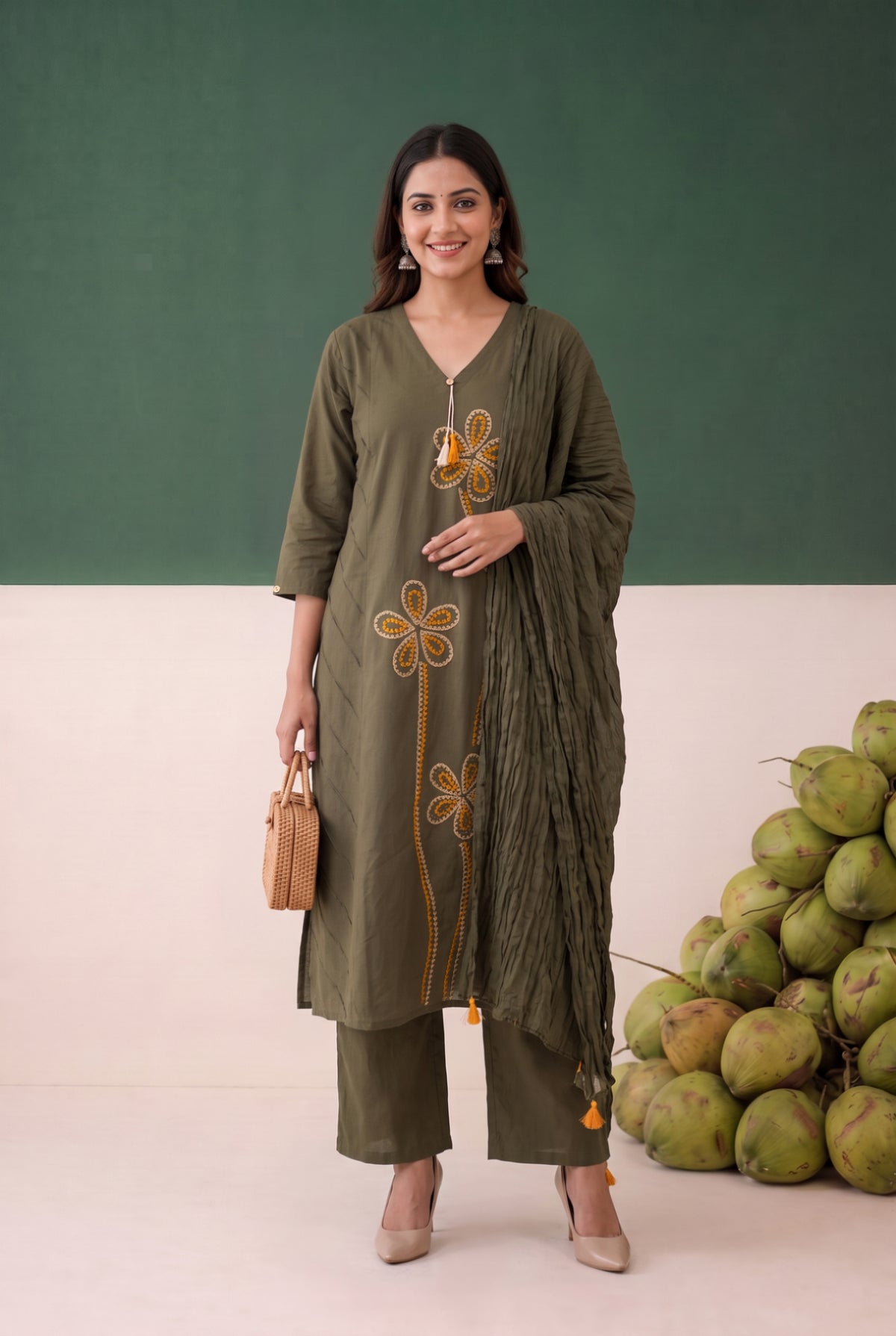 Green Contrast Floral Embroidered Cotton Kurta Set with Crinkled Dupatta