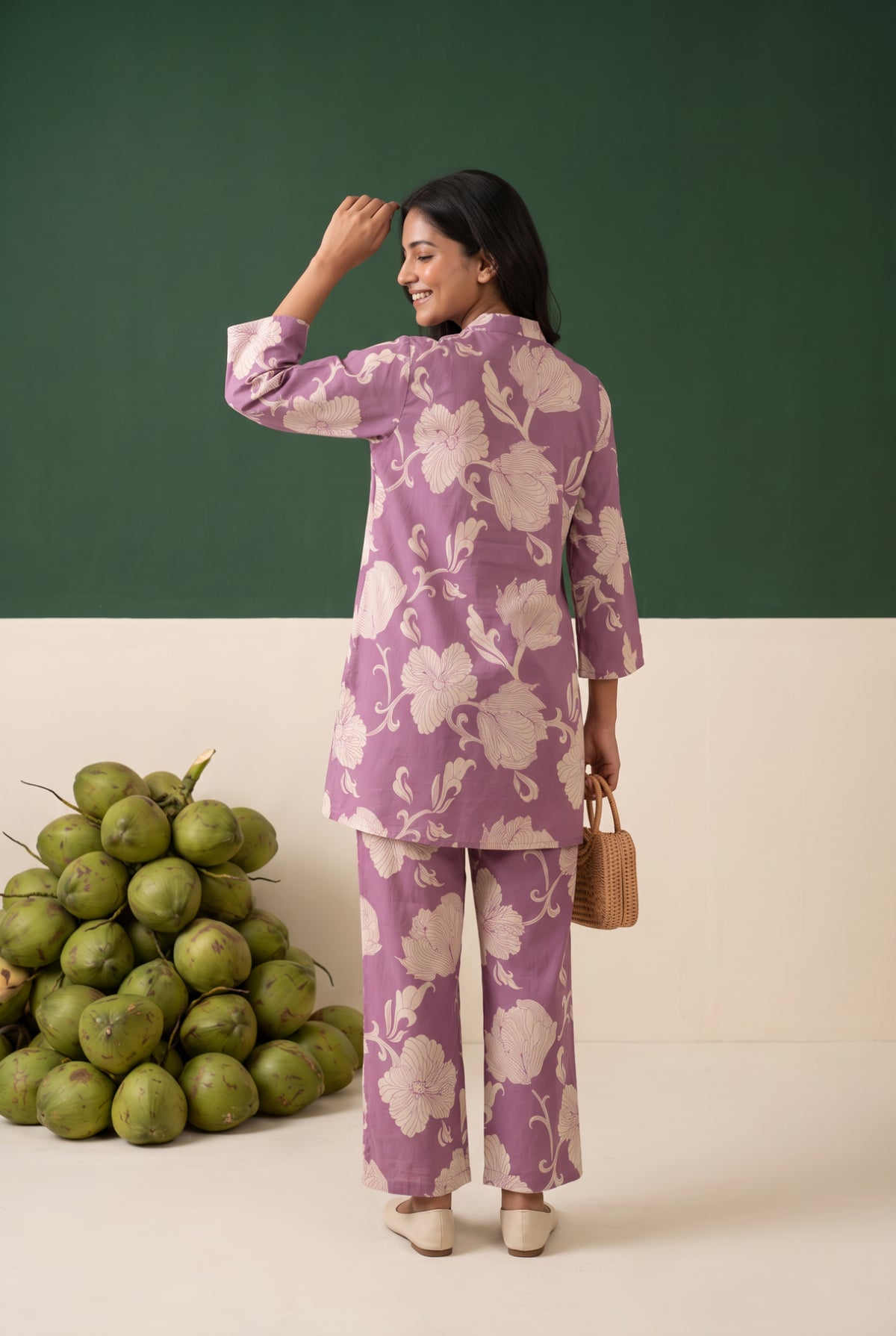 Purple Floral Printed Cotton Button-Down Co-ord Set