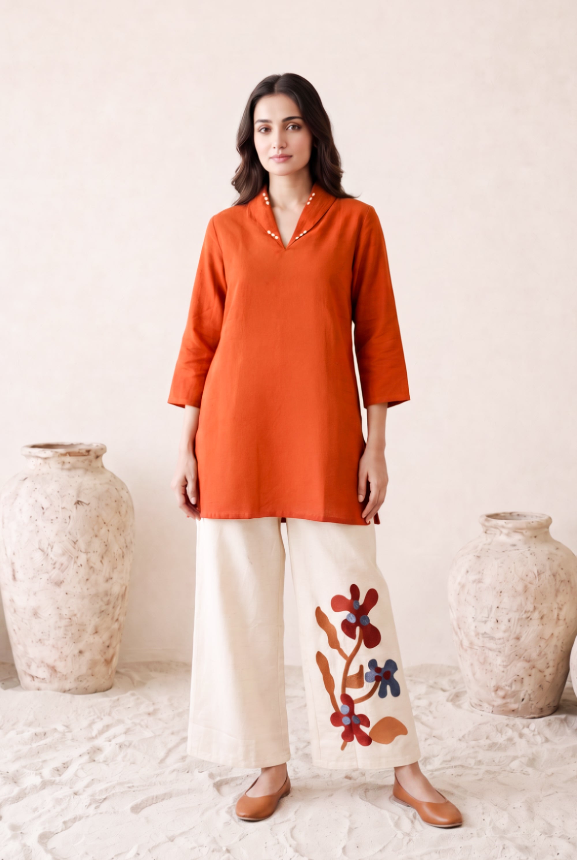 Rust Solid Kurta with Floral Embroidered Cotton Co-ord Set