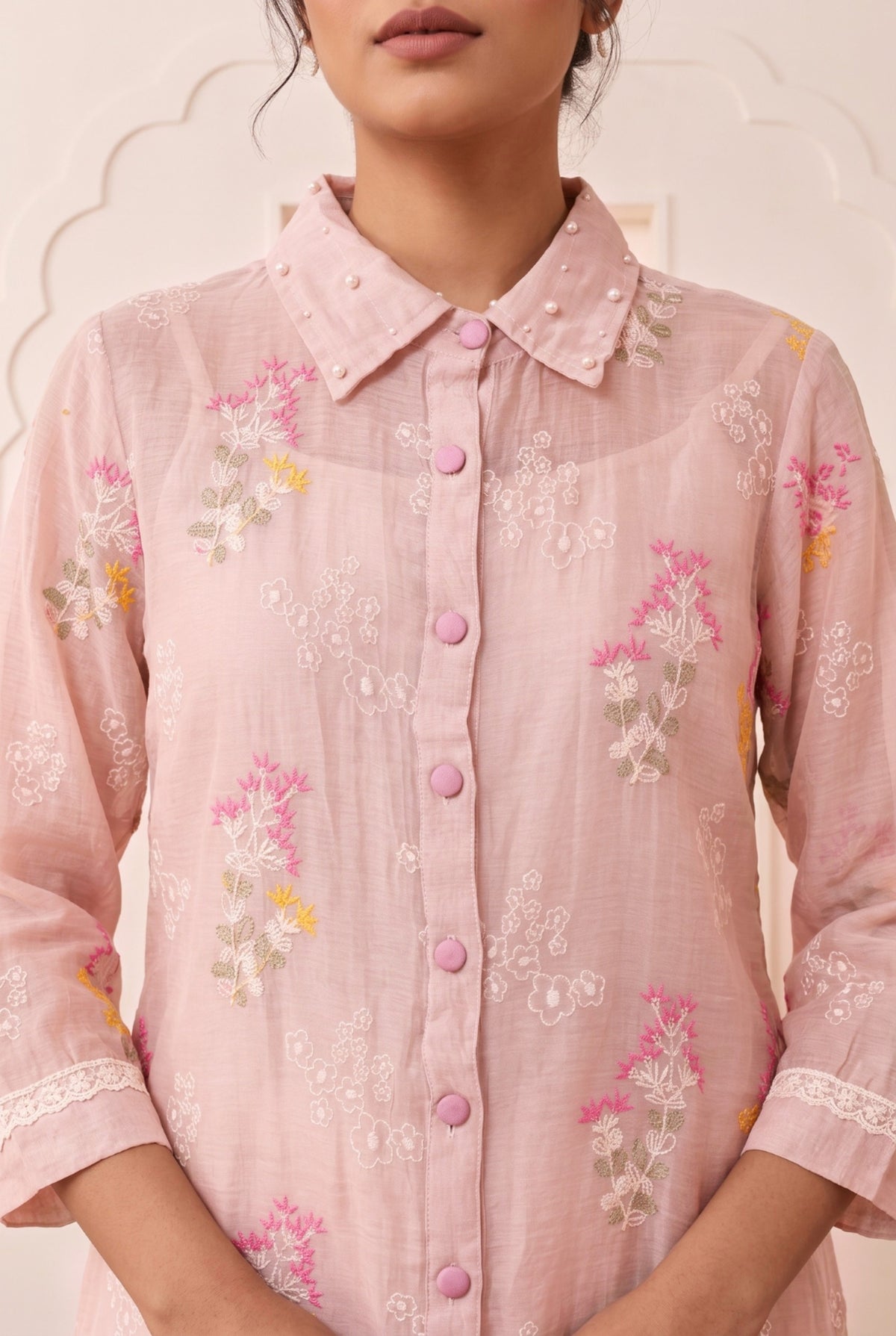 Beige Garden Floral Mul chanderi Co-Ord Set