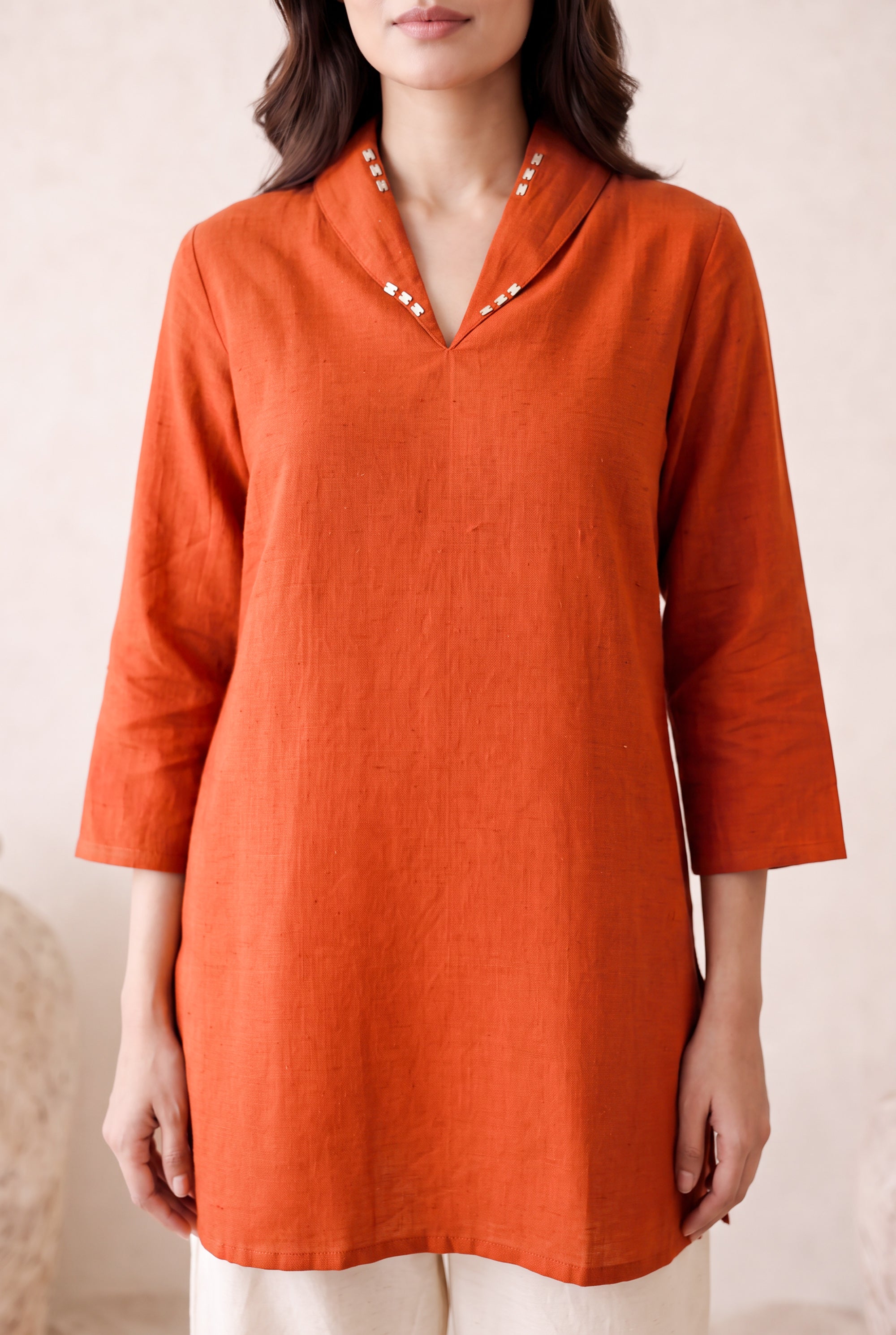 Rust Solid Kurta with Floral Embroidered Cotton Co-ord Set