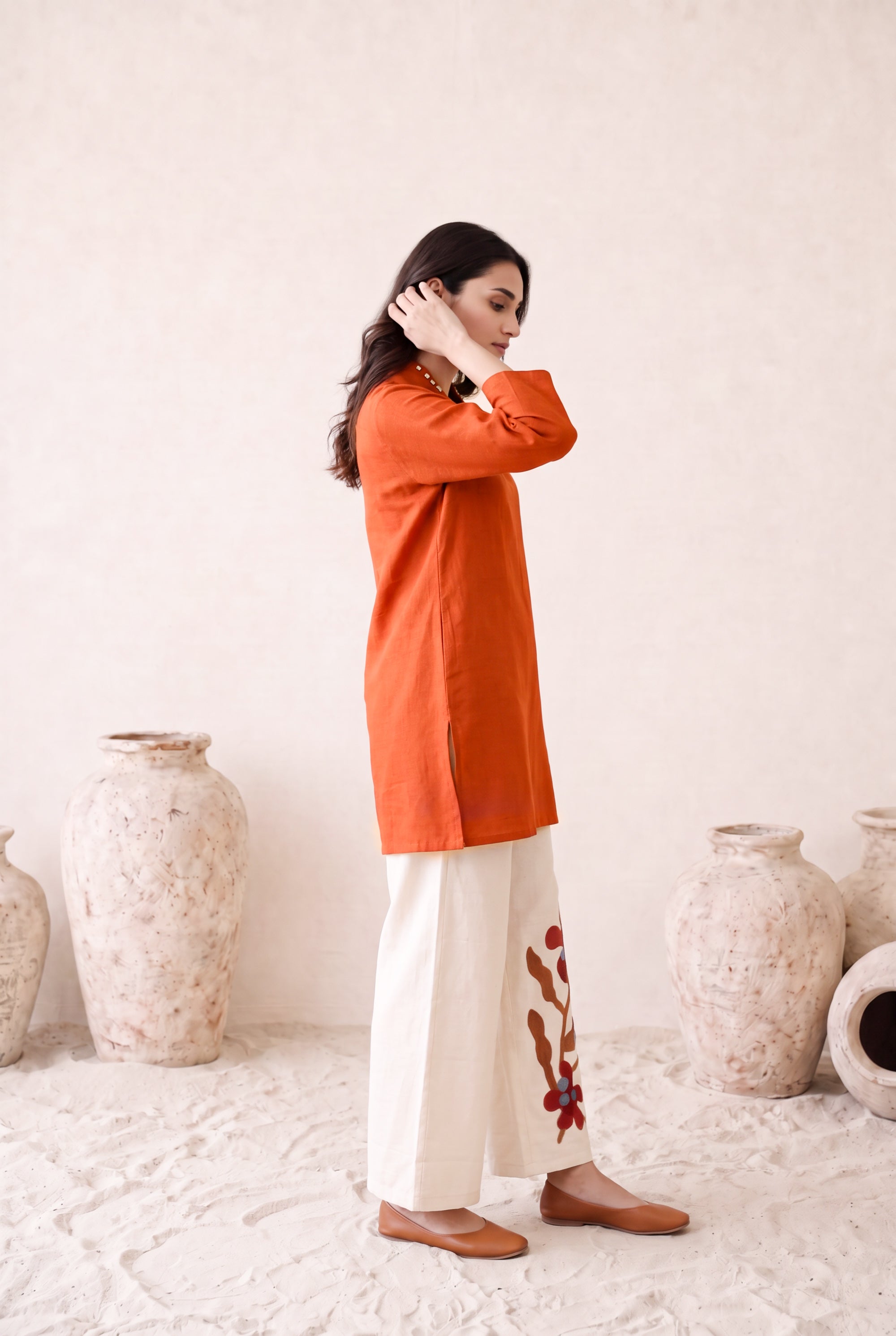 Rust Solid Kurta with Floral Embroidered Cotton Co-ord Set