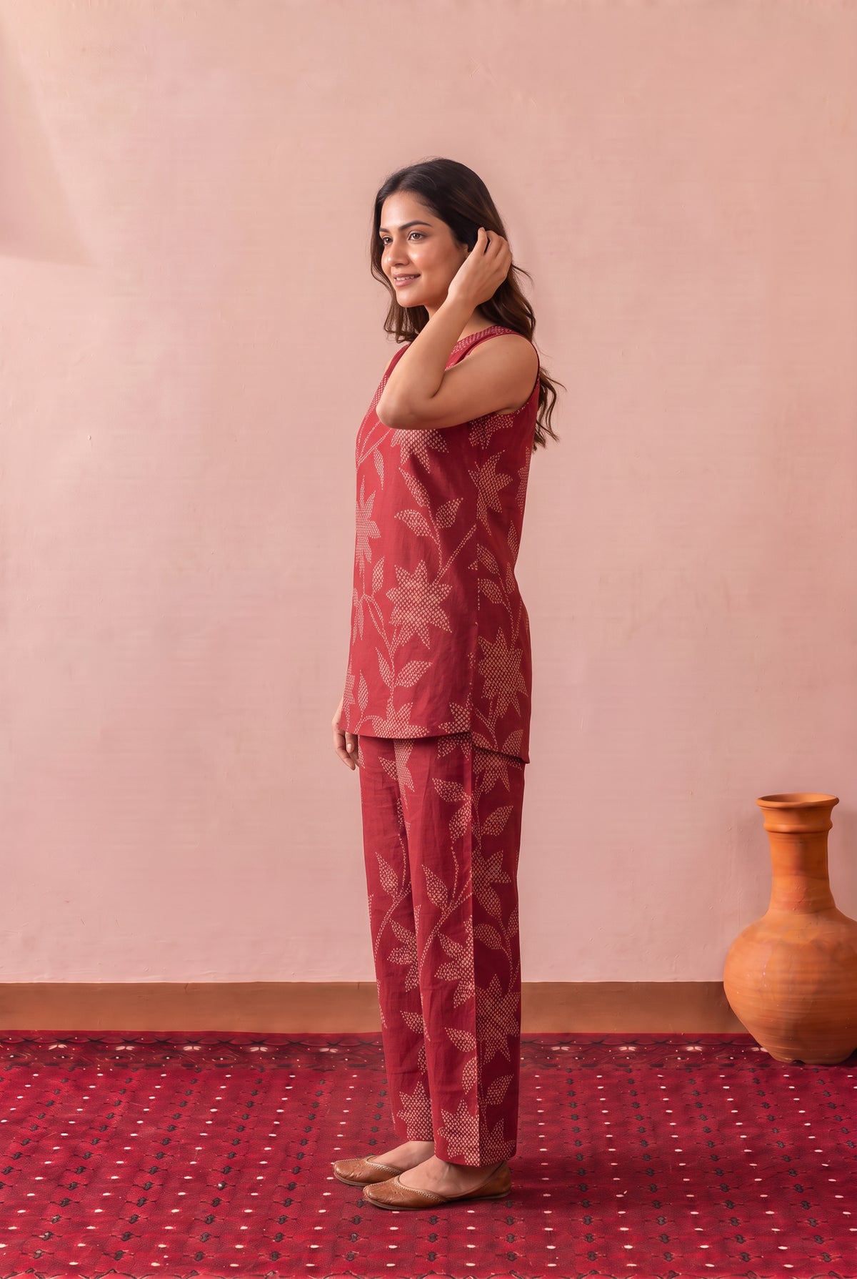 Red Leaf and Flower Printed Cotton Co-ord Set