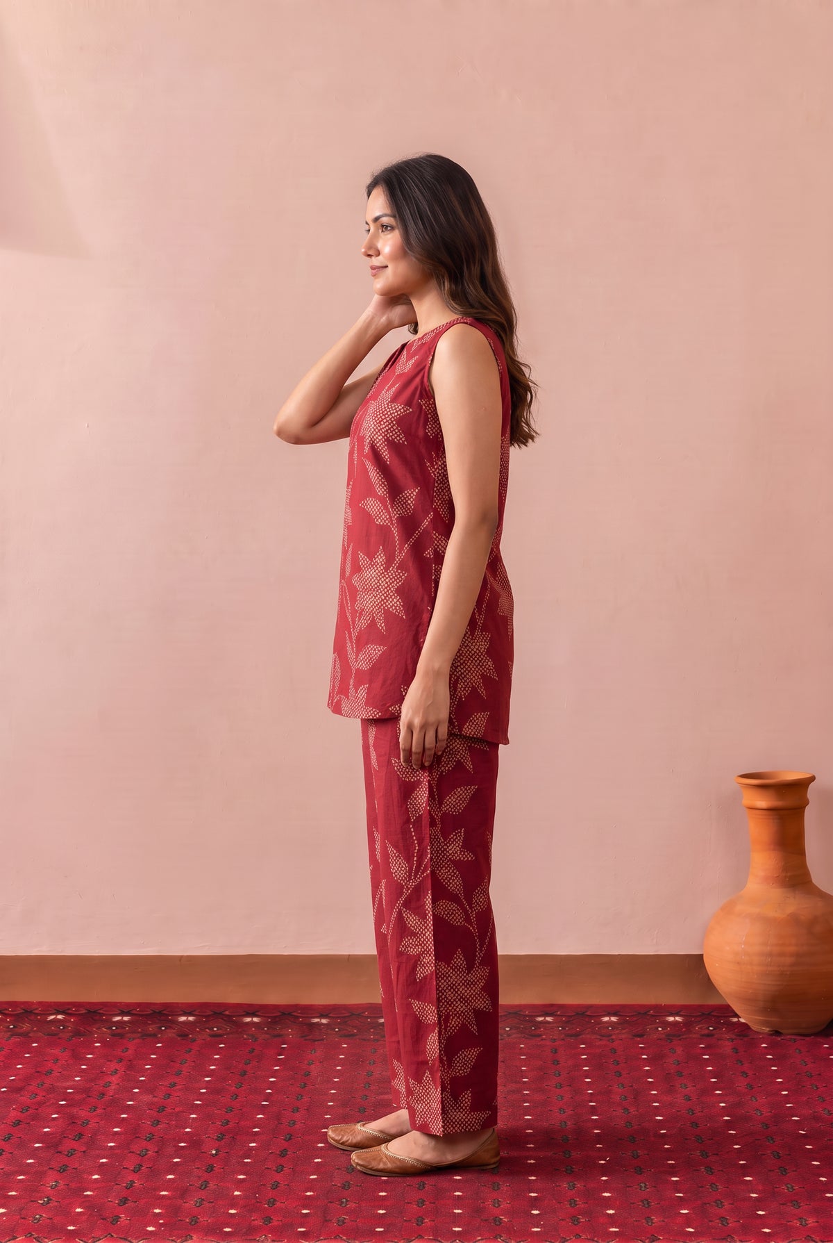 Red Leaf and Flower Printed Cotton Co-ord Set