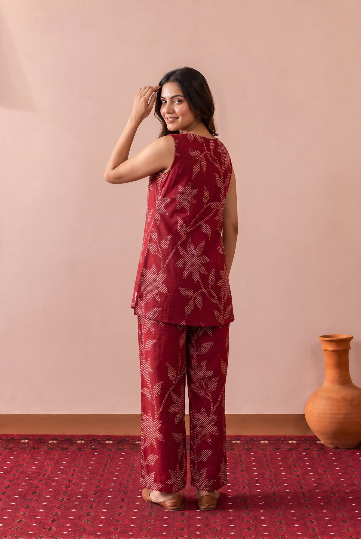 Red Leaf and Flower Printed Cotton Co-ord Set