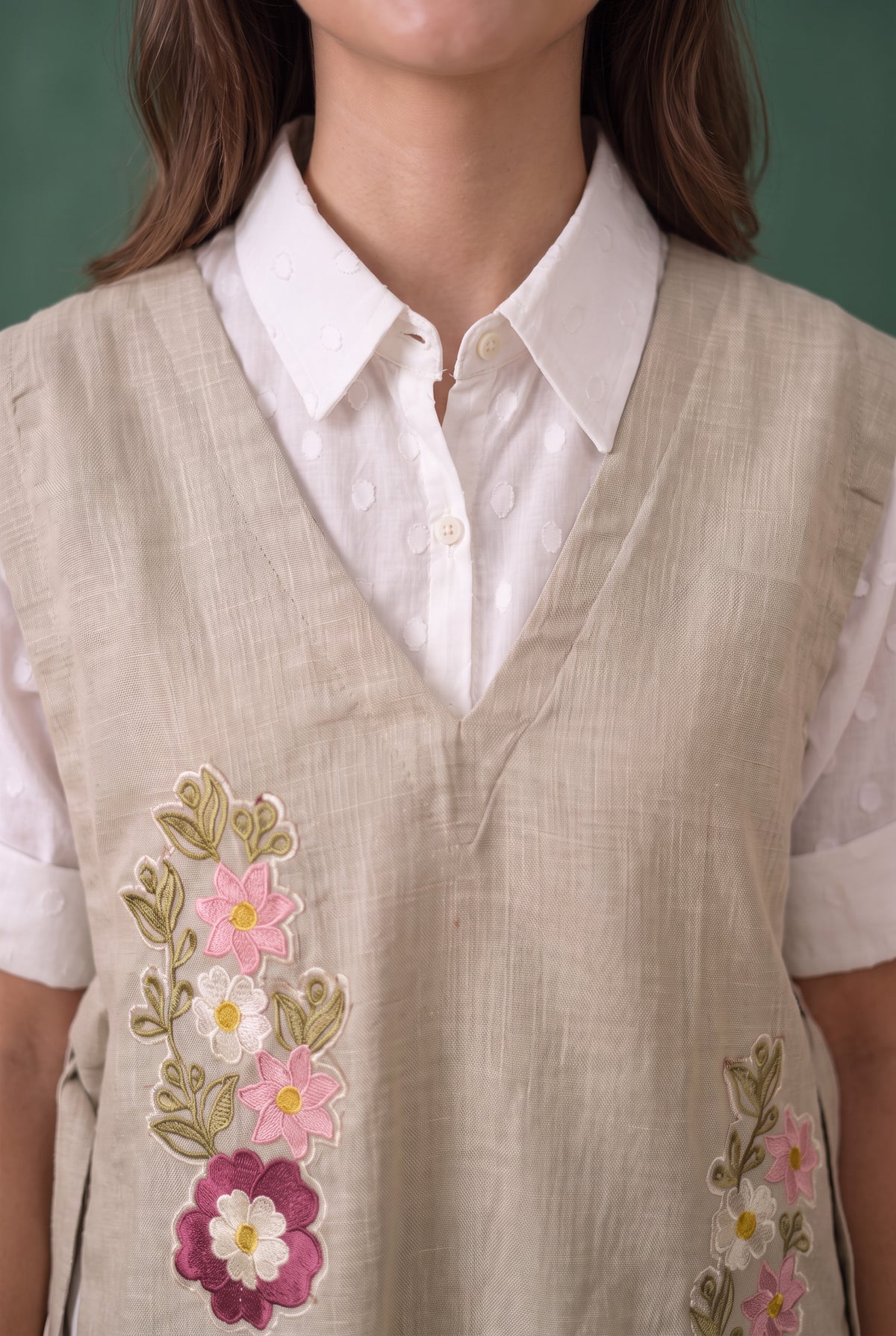 Beige Floral Embroidered Cotton Three-Piece  Set
