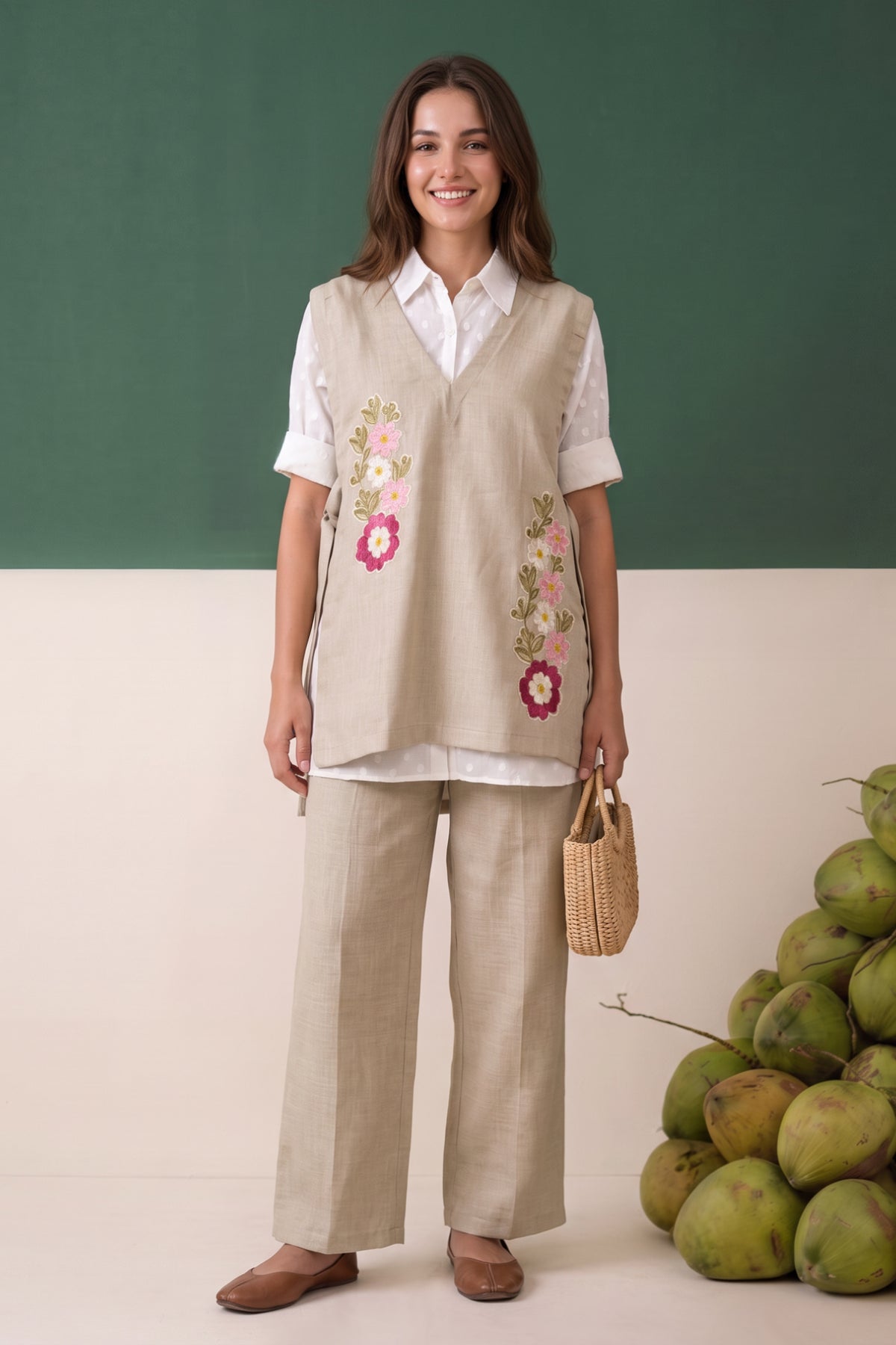 Beige Floral Embroidered Cotton Three-Piece  Set