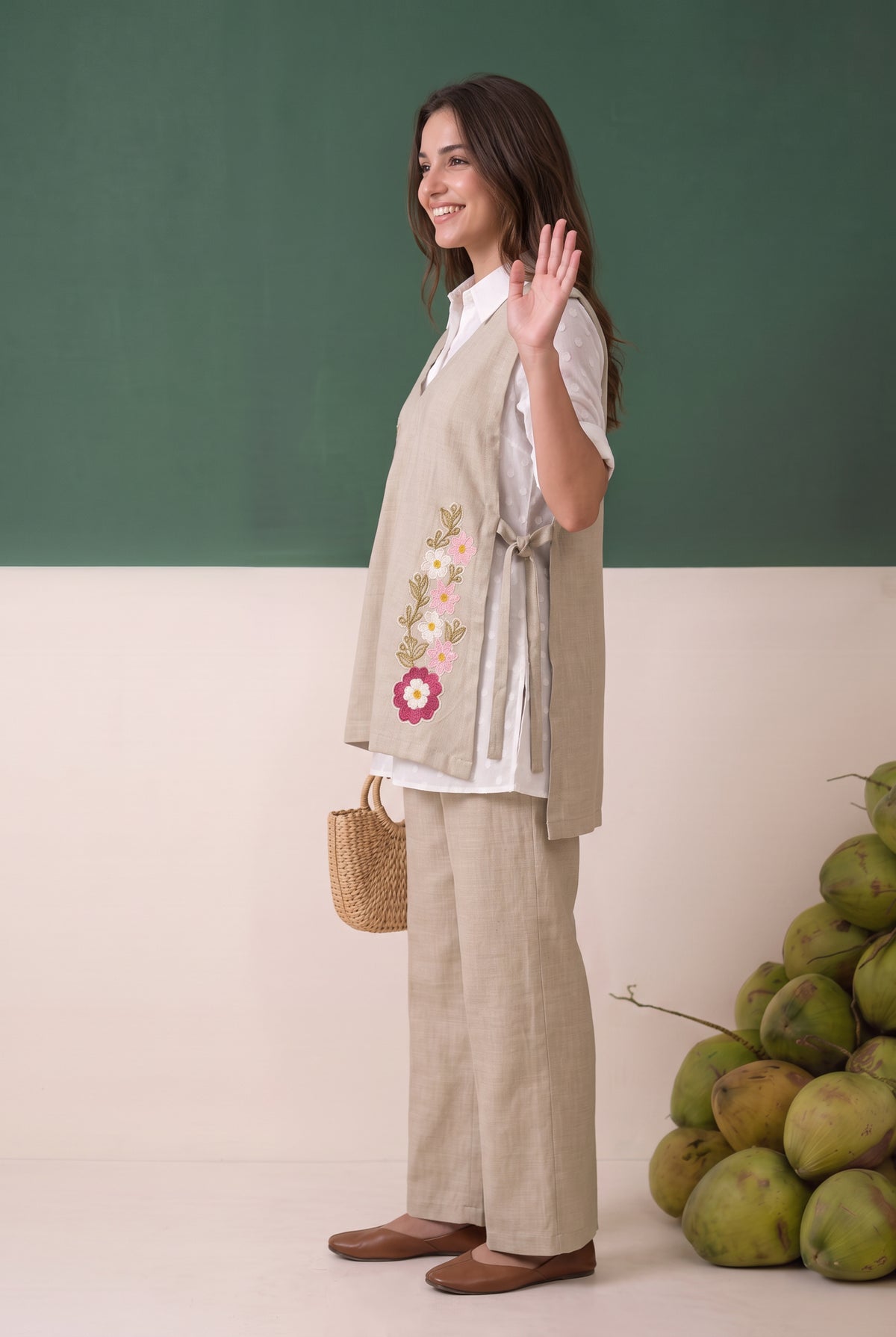 Beige Floral Embroidered Cotton Three-Piece  Set