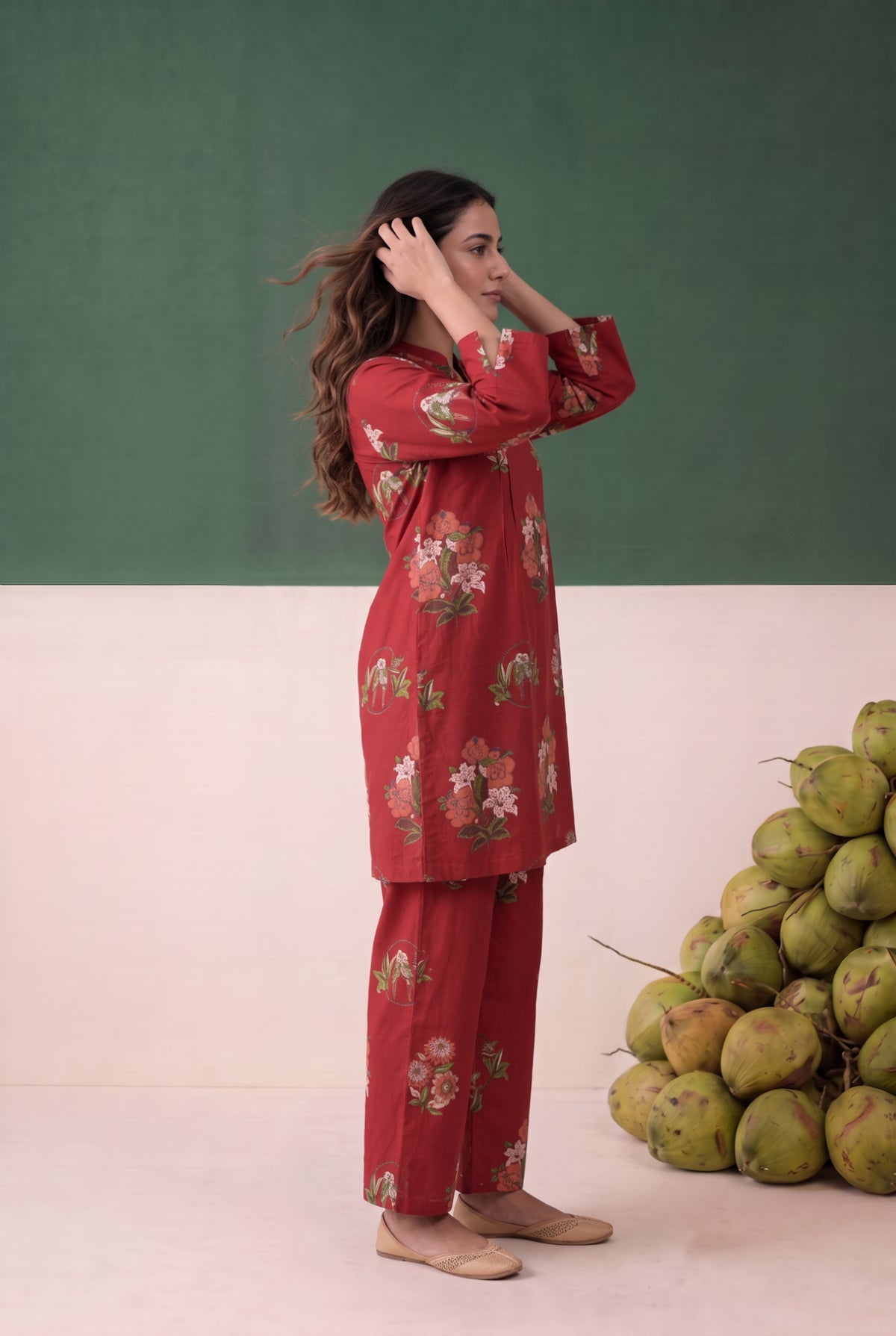 Red Floral Printed Cotton Co-ord Set