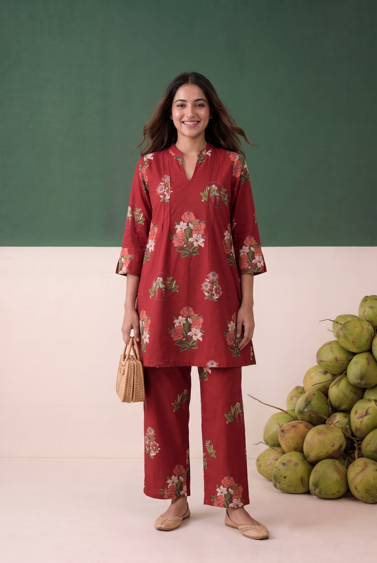 Red Floral Printed Cotton Co-ord Set