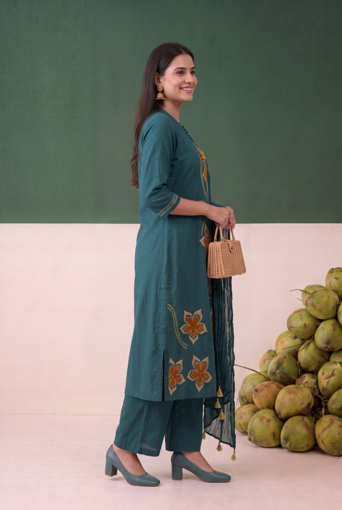 Teal Floral Embroidered Cotton A Line Kurta Set