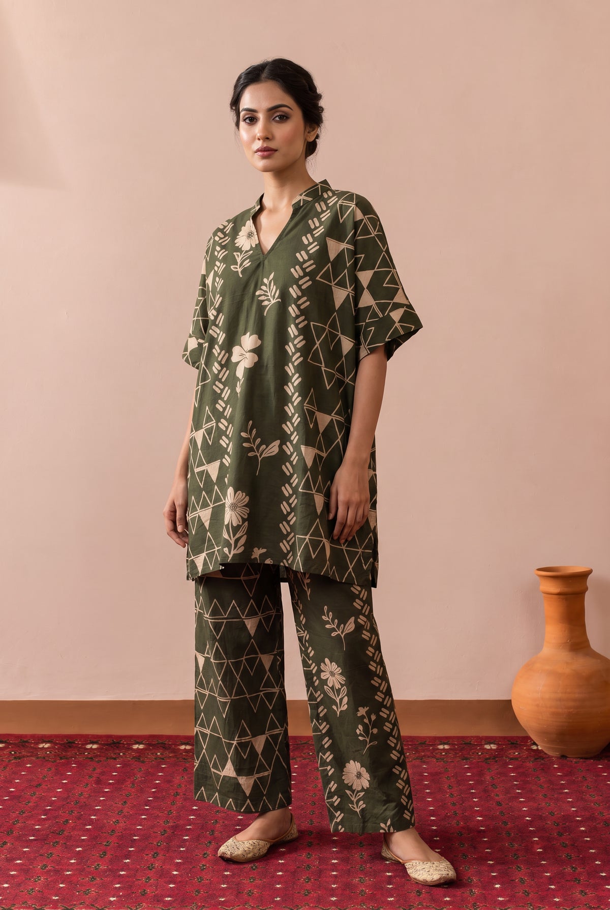 Olive Green Muse Floral Geometry Printed Cotton Co-ord Set