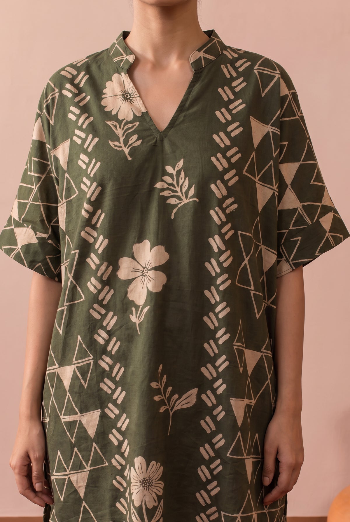 Olive Green Muse Floral Geometry Printed Cotton Co-ord Set