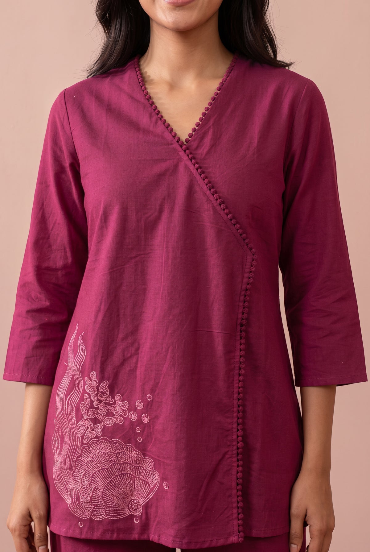 Maroon Muse Wrap-Style Embroidered Cotton Flex Co-ord Set