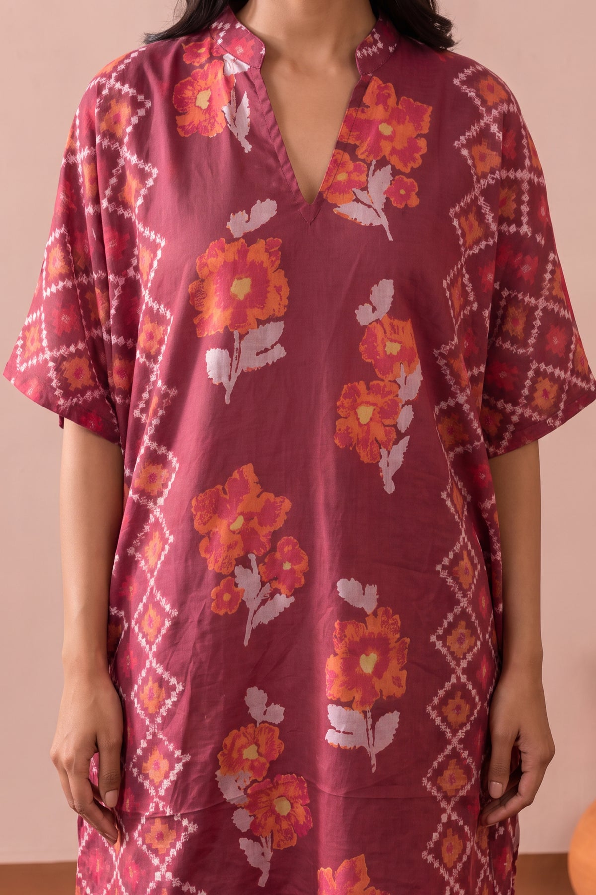 Maroon Floral Mosaic Printed Cotton Co-ord Set