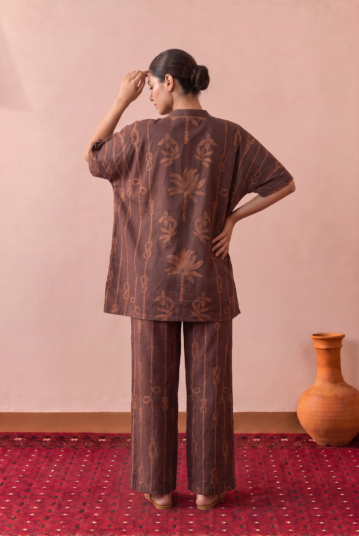 Brown Chestnut Palm Trail Printed Cotton Co-ord Set