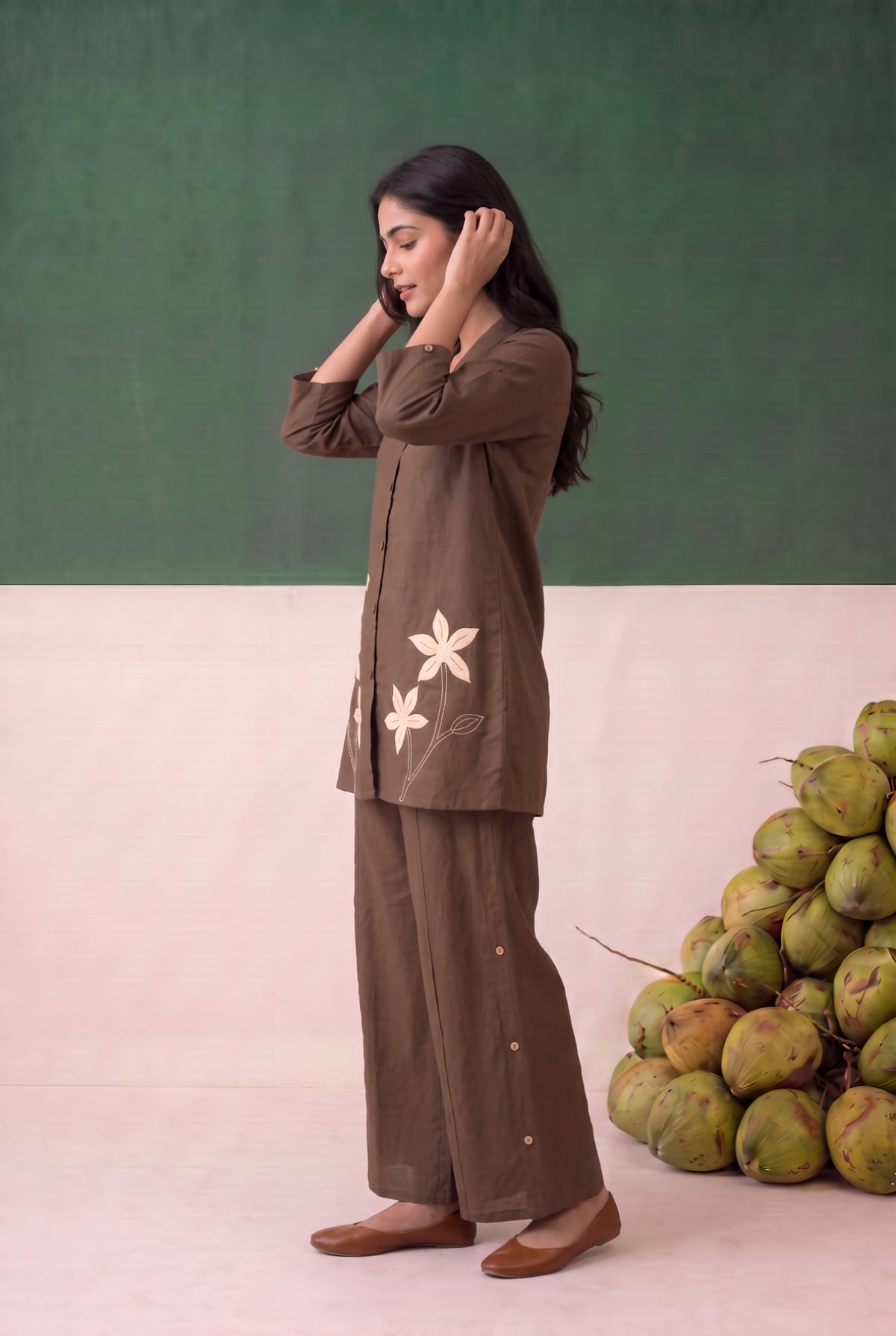 Brown Petal Trail Embroidered Cotton Flex Co-ord Set
