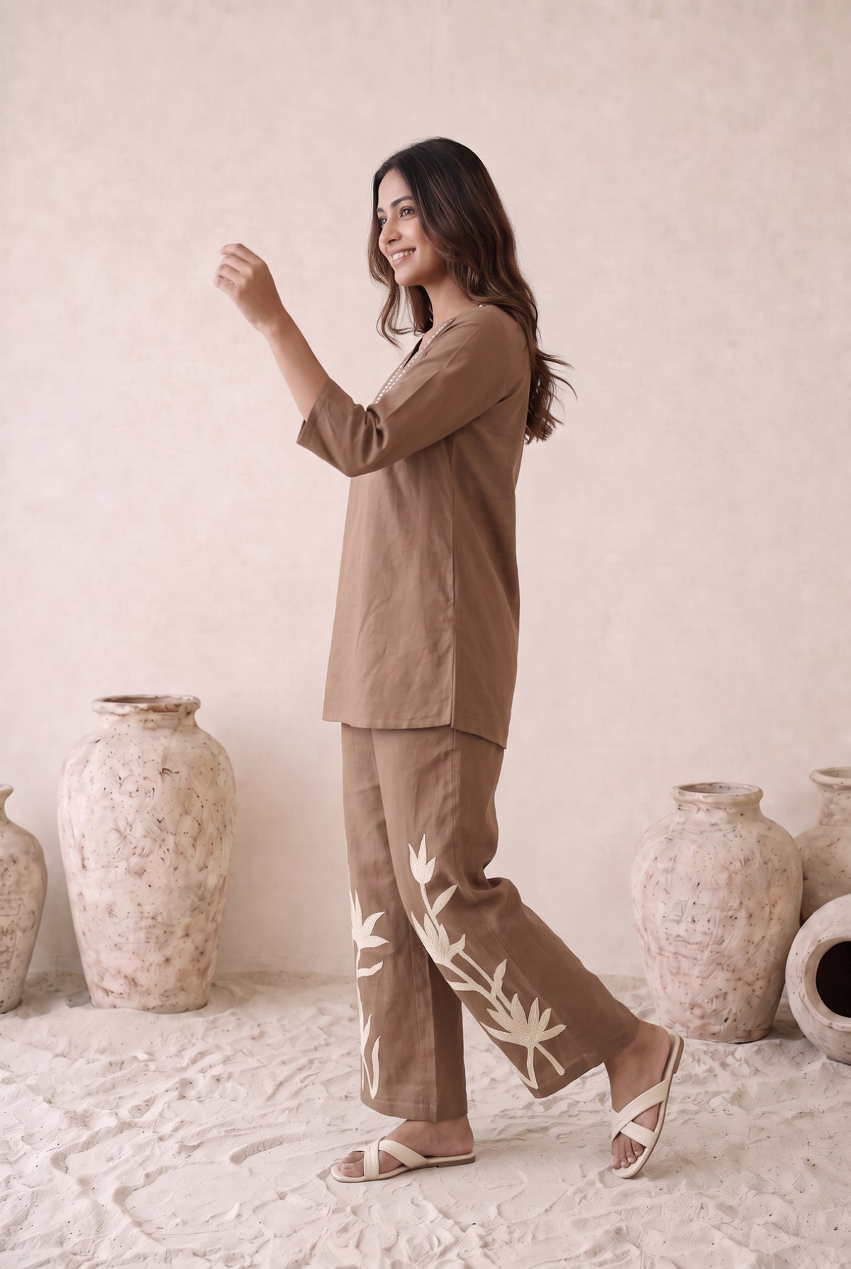 Mocha Botanical Embroidered Cotton Co-ord Set