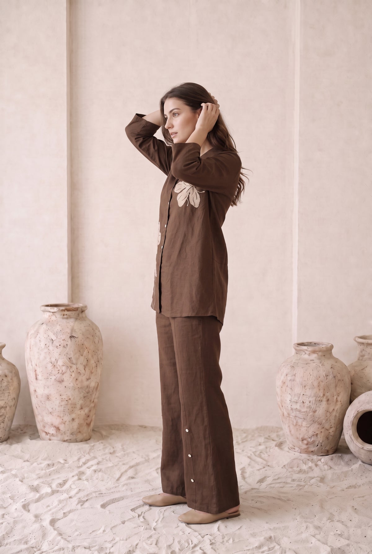 Brown Leaf Embroidered Cotton Co-ord Set