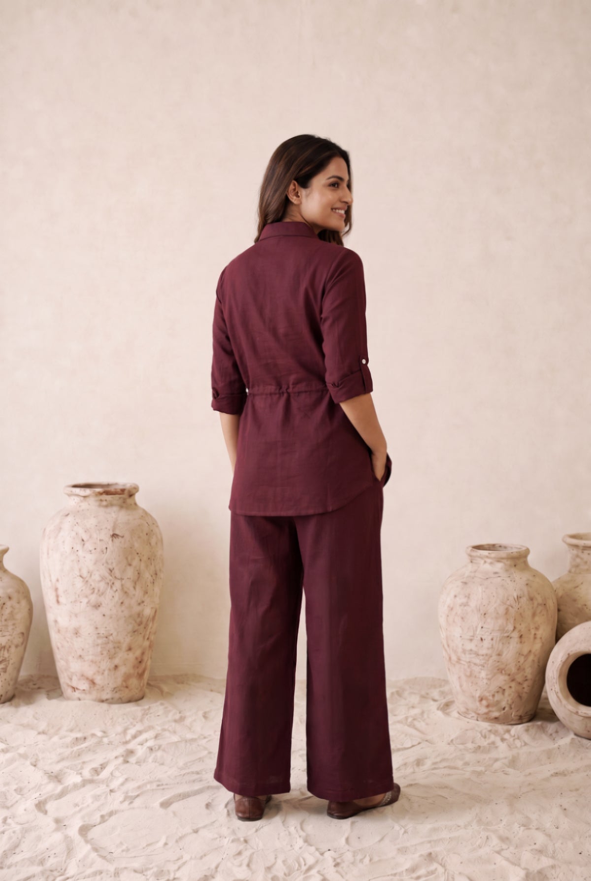 Wine Botanical Embroidered Cotton Flex Co-ord Set