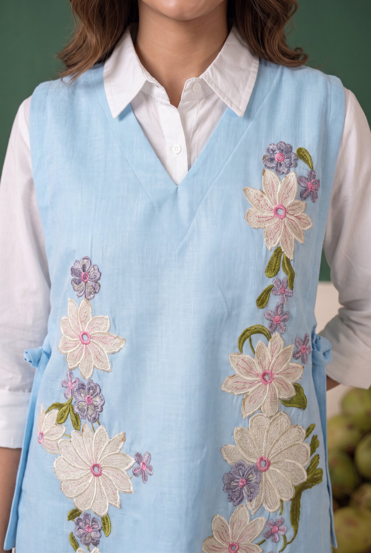 Sky Blue Floral Embroidered Cotton Three-Piece Set