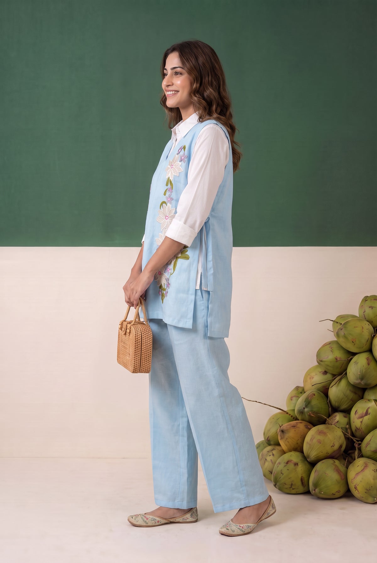 Sky Blue Floral Embroidered Cotton Three-Piece Set