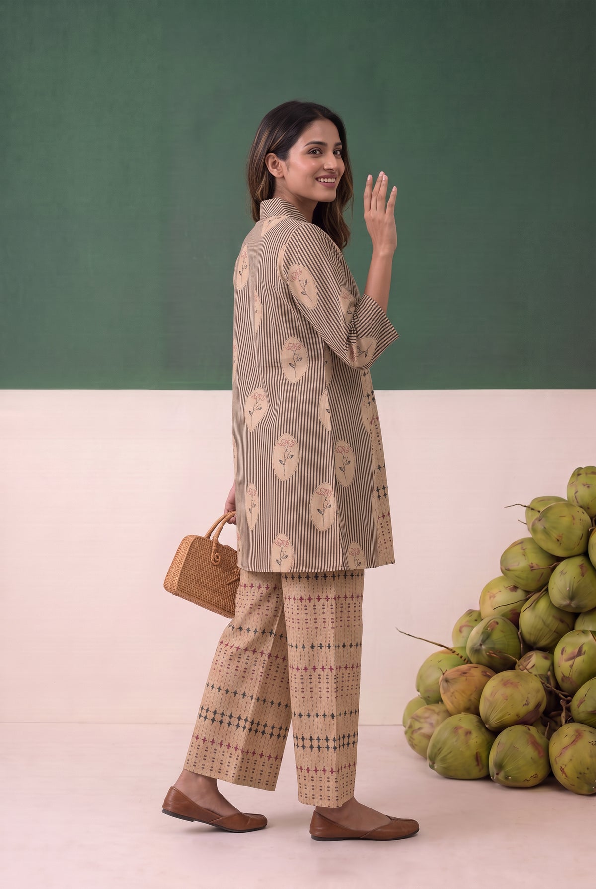 Beige Geometric Stripe Printed Cotton Co-ord Set