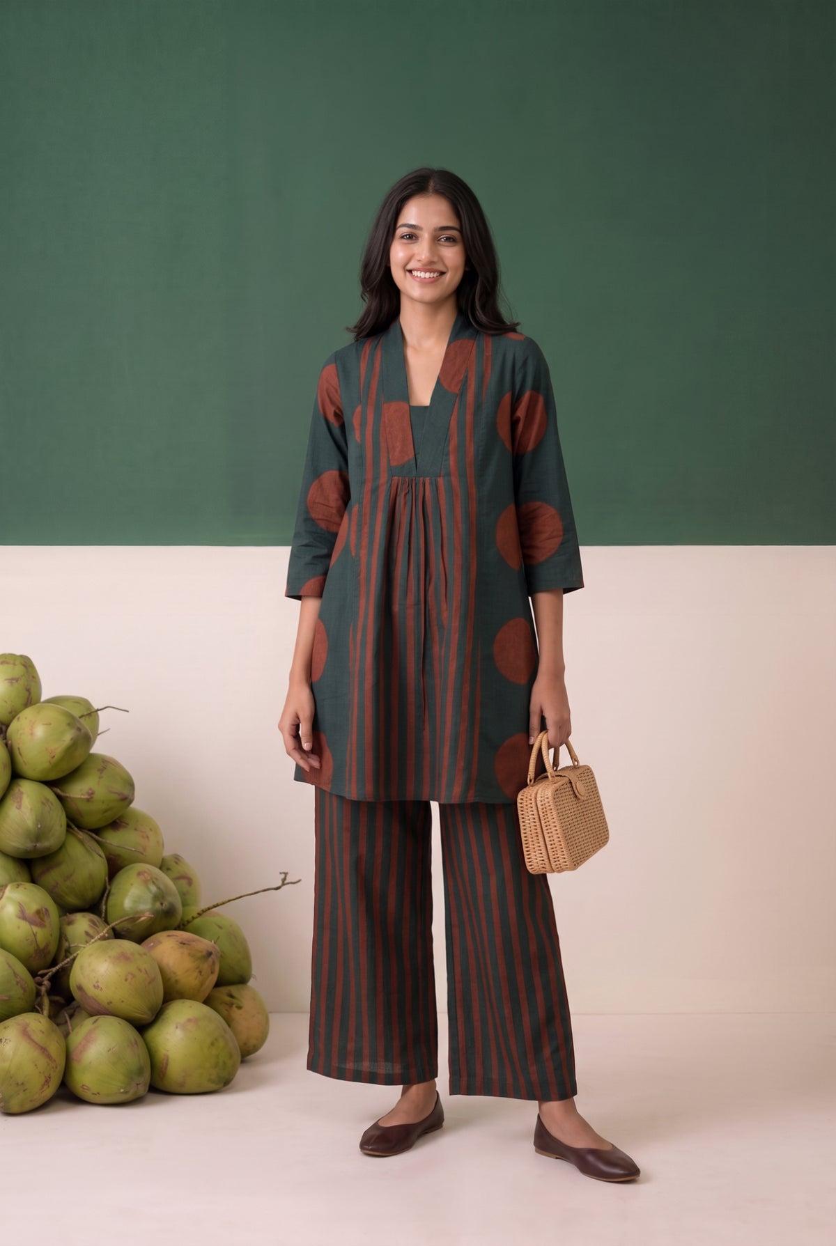Teal Circle Vertical Stripe Printed Cotton Co-ord Set