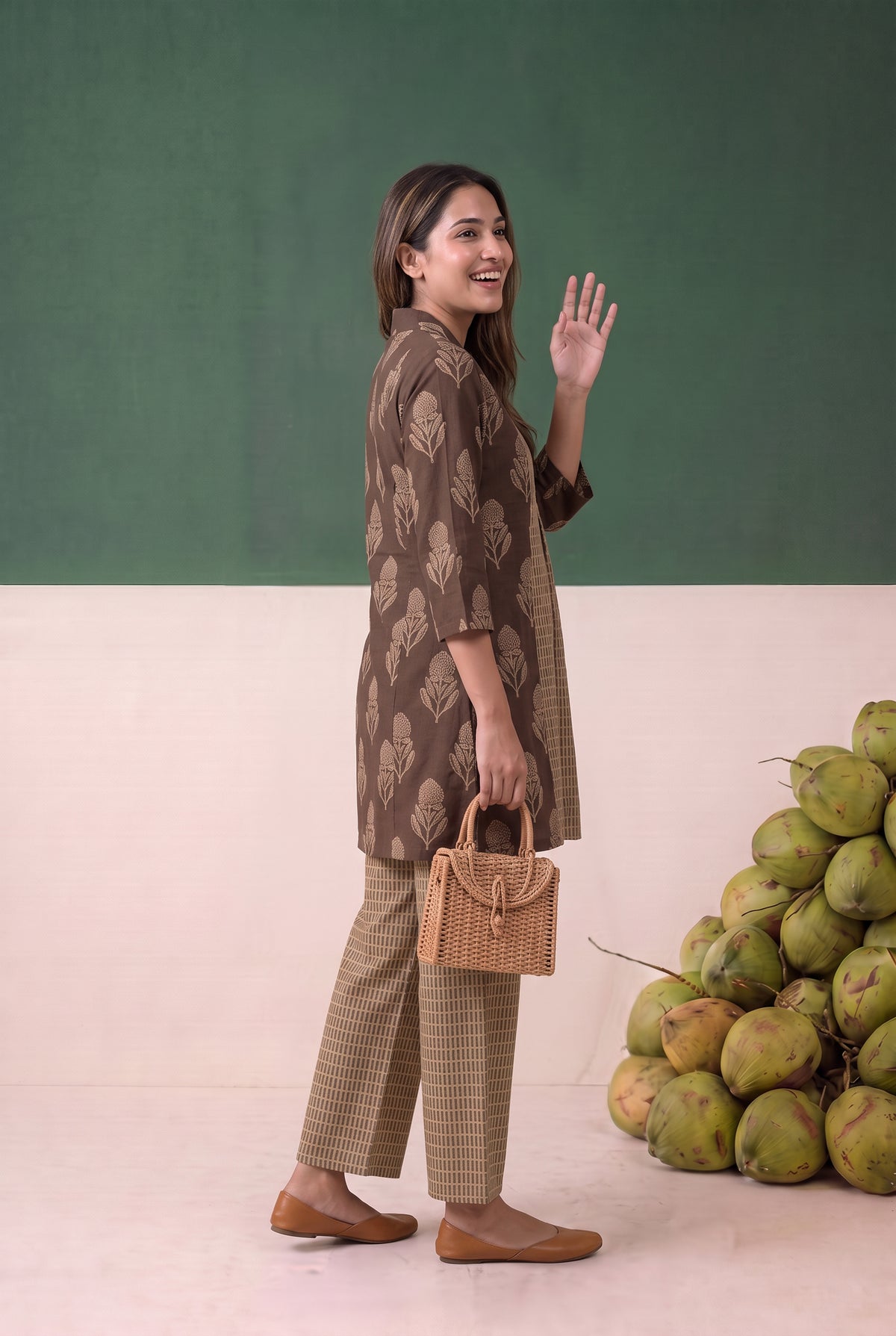 Brown Floral Printed Contrast Grid Panel Cotton Flex Co-ord Set