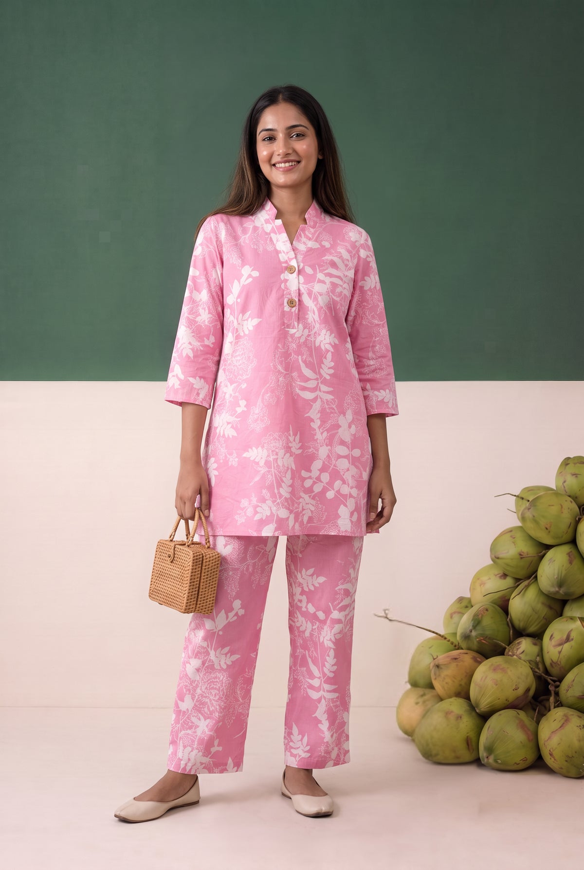 Pink Nature-Inspired Floral and Leaf Printed Cotton Co-ord Set