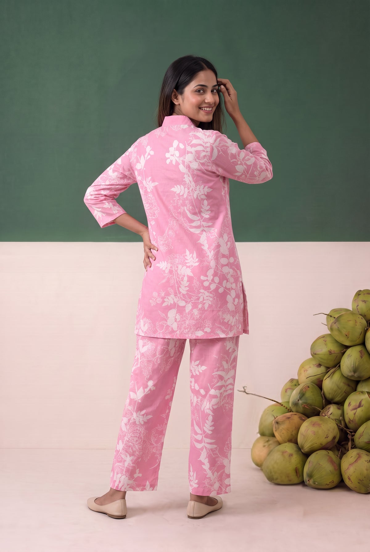 Pink Nature-Inspired Floral and Leaf Printed Cotton Co-ord Set