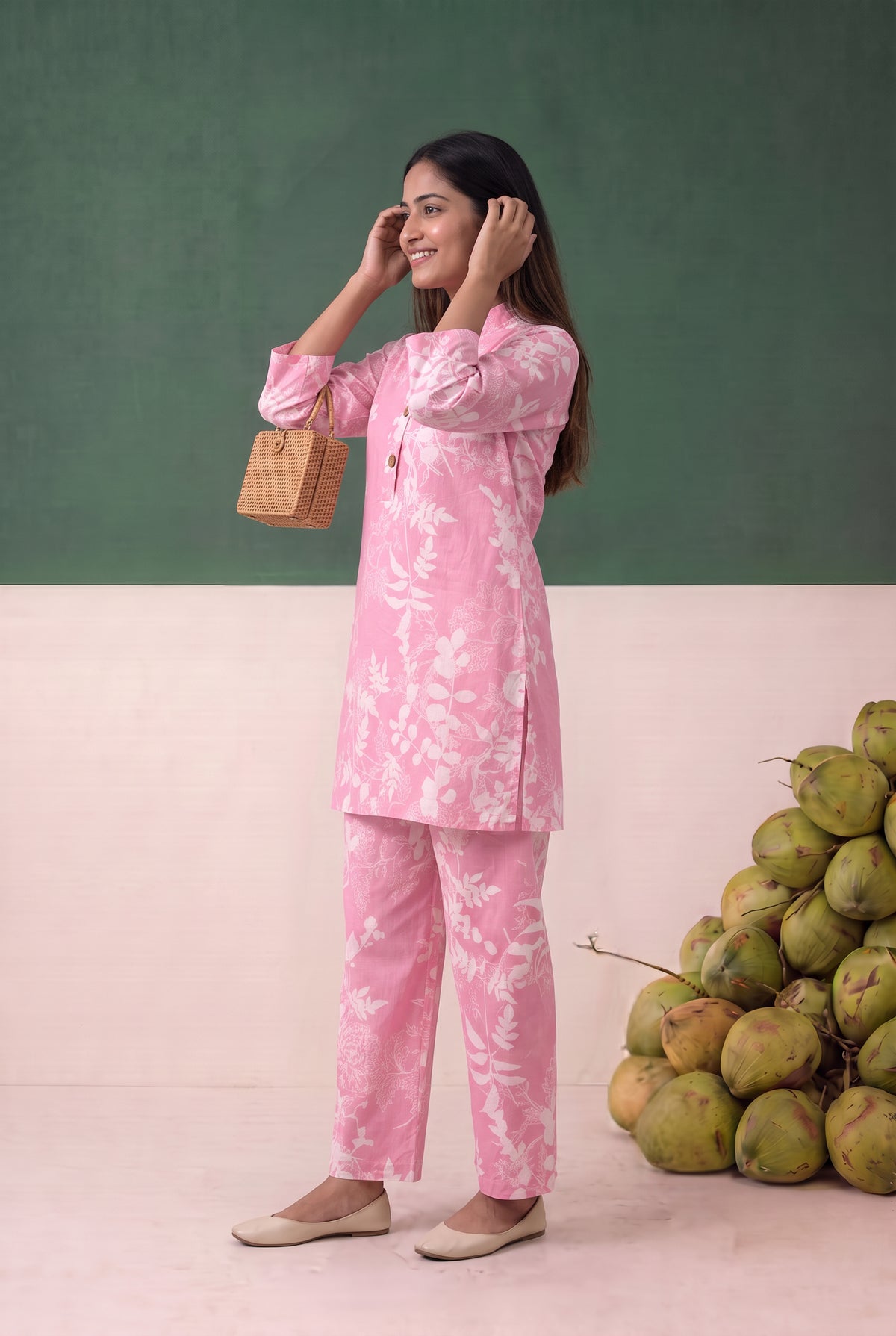 Pink Nature-Inspired Floral and Leaf Printed Cotton Co-ord Set