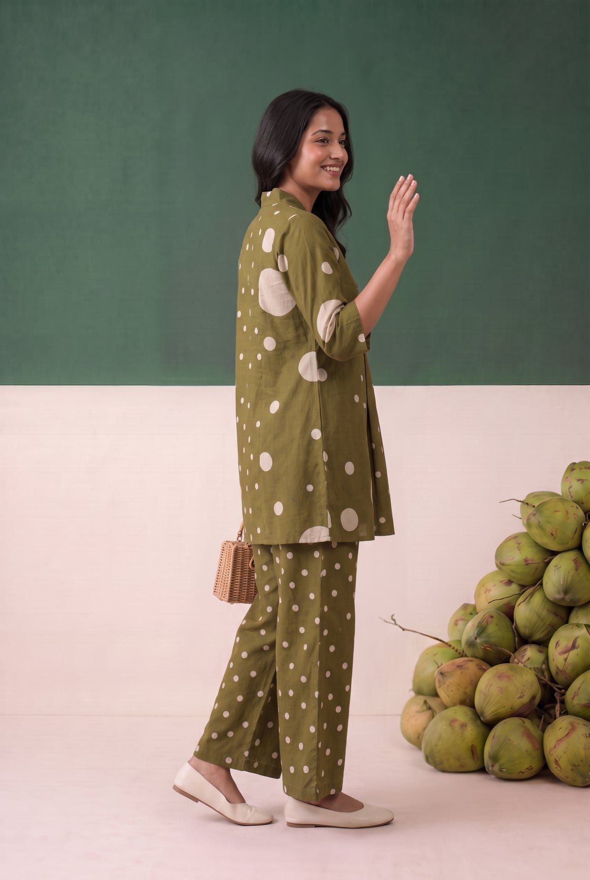 Olive Green Artistic Dot Pattern Printed Cotton Flex Co-ord Set