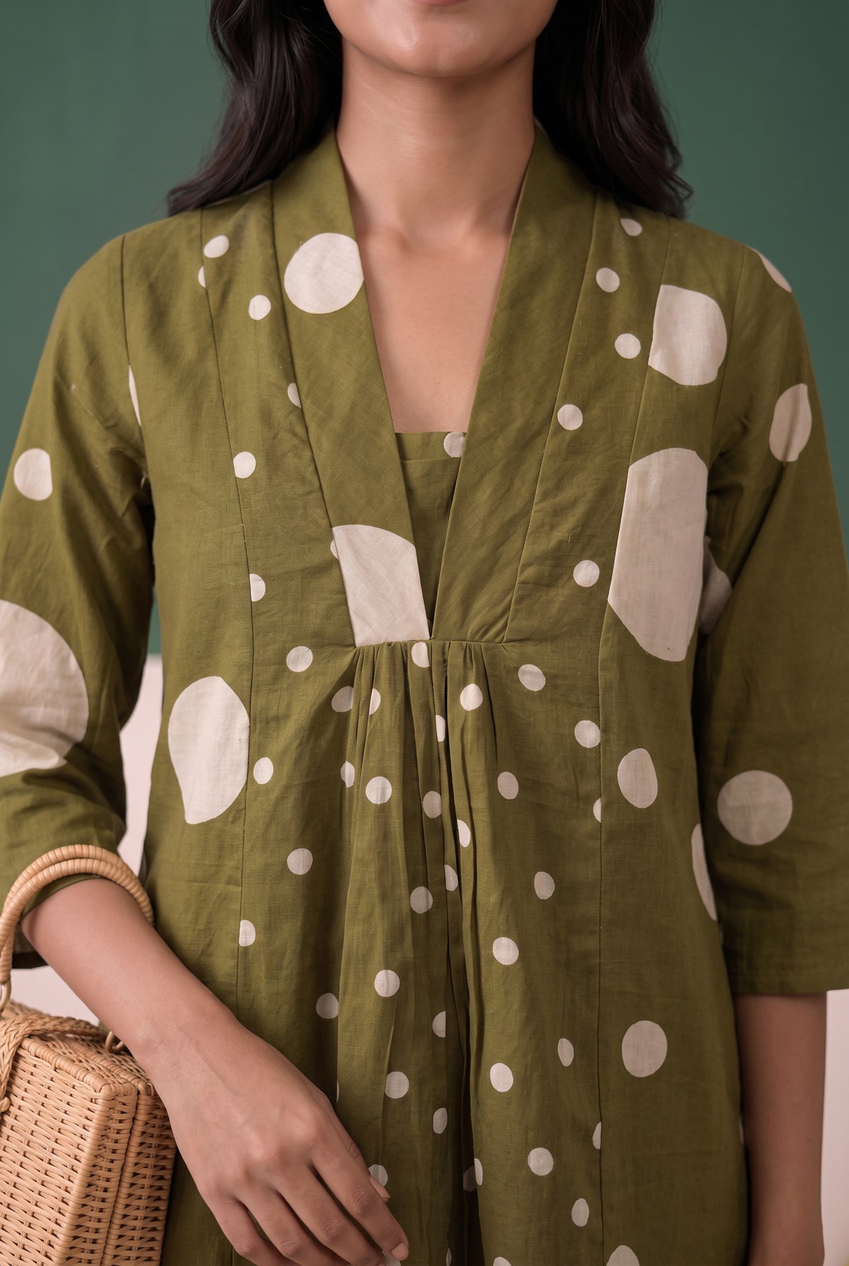 Olive Green Artistic Dot Pattern Printed Cotton Flex Co-ord Set