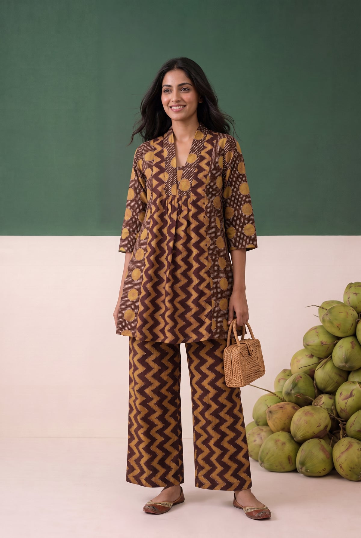 Brown Zigzag Chevron Printed Cotton Flex Co-ord Set