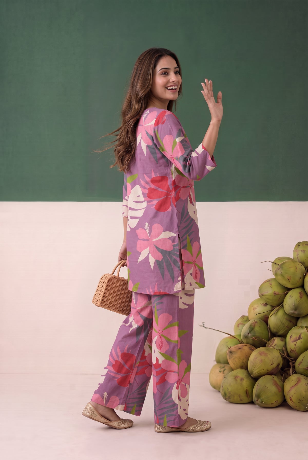 Purple Tropical Floral Printed Cotton Co-ord Set