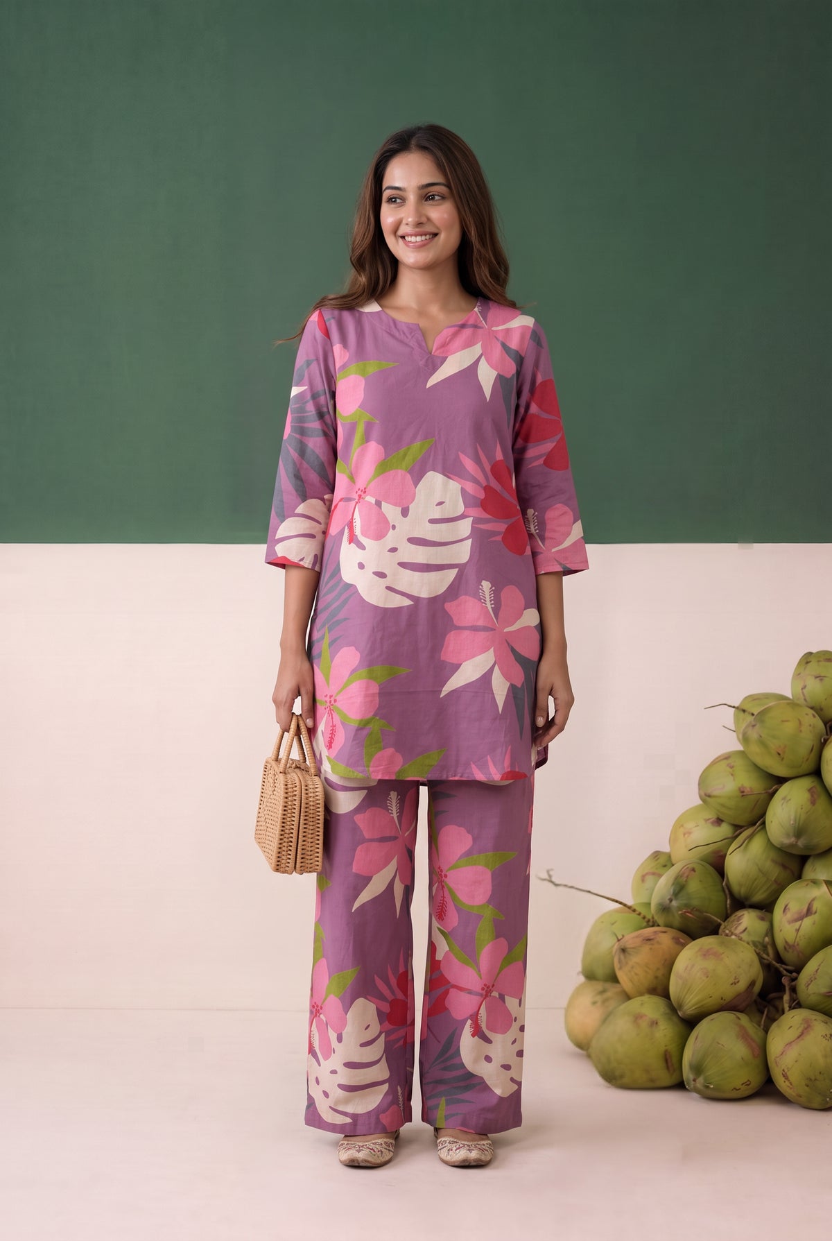 Purple Tropical Floral Printed Cotton Co-ord Set