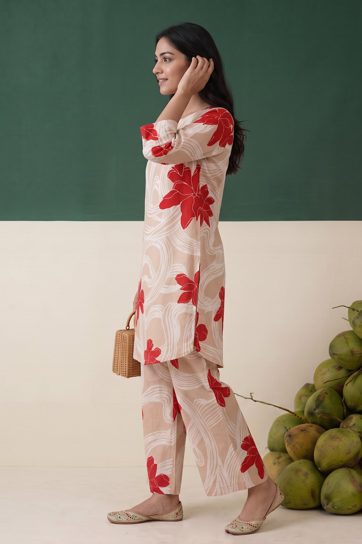 Beige Red Floral Printed Cotton Loungewear Top Set