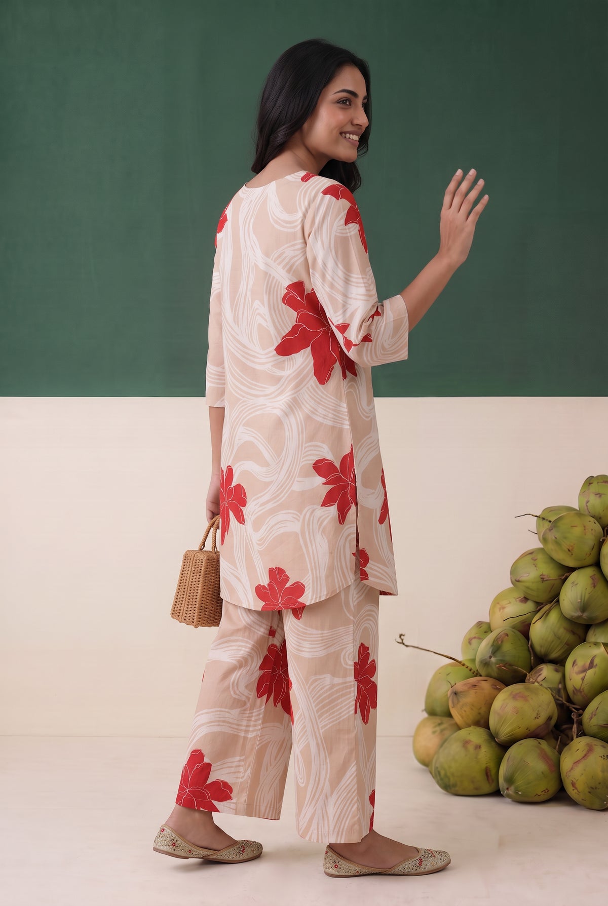 Beige Red Floral Printed Cotton Loungewear Top Set