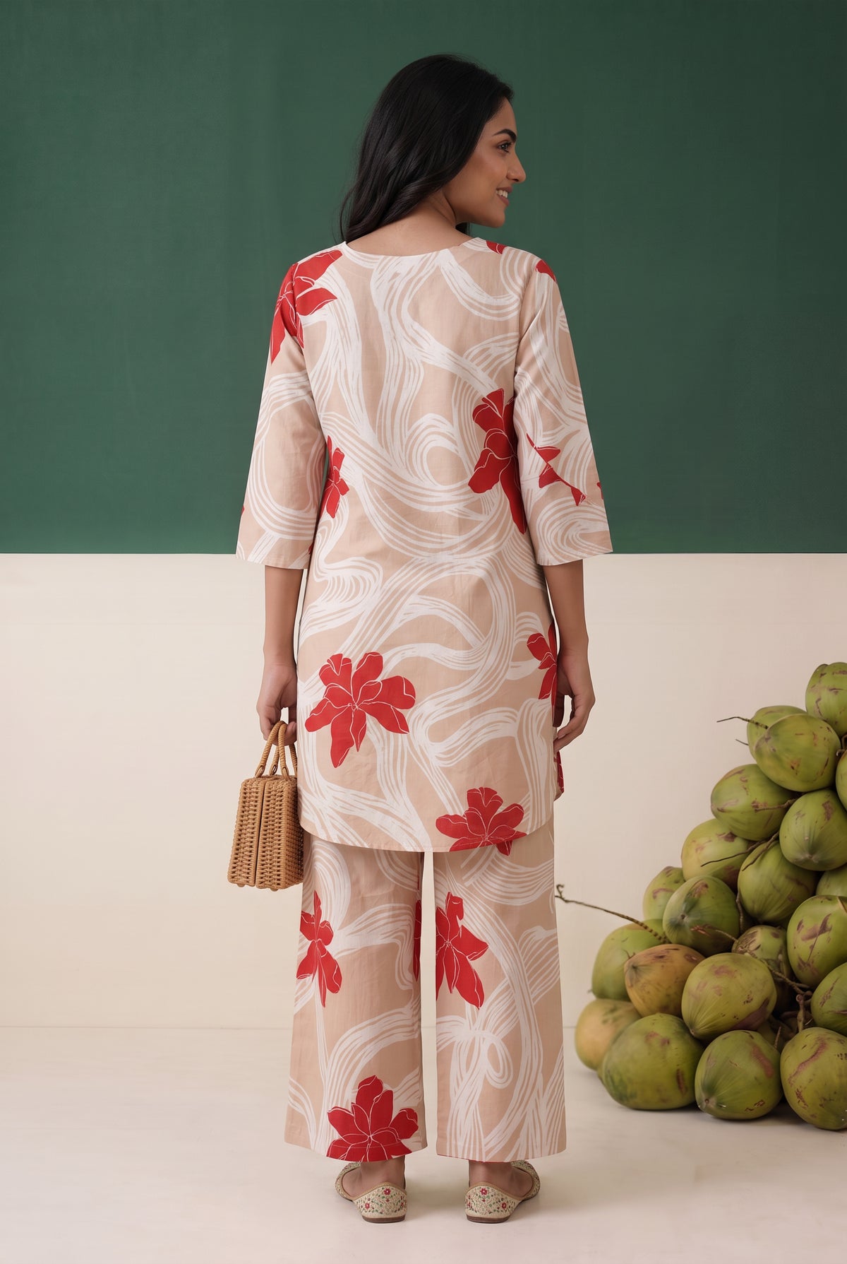 Beige Red Floral Printed Cotton Loungewear Top Set