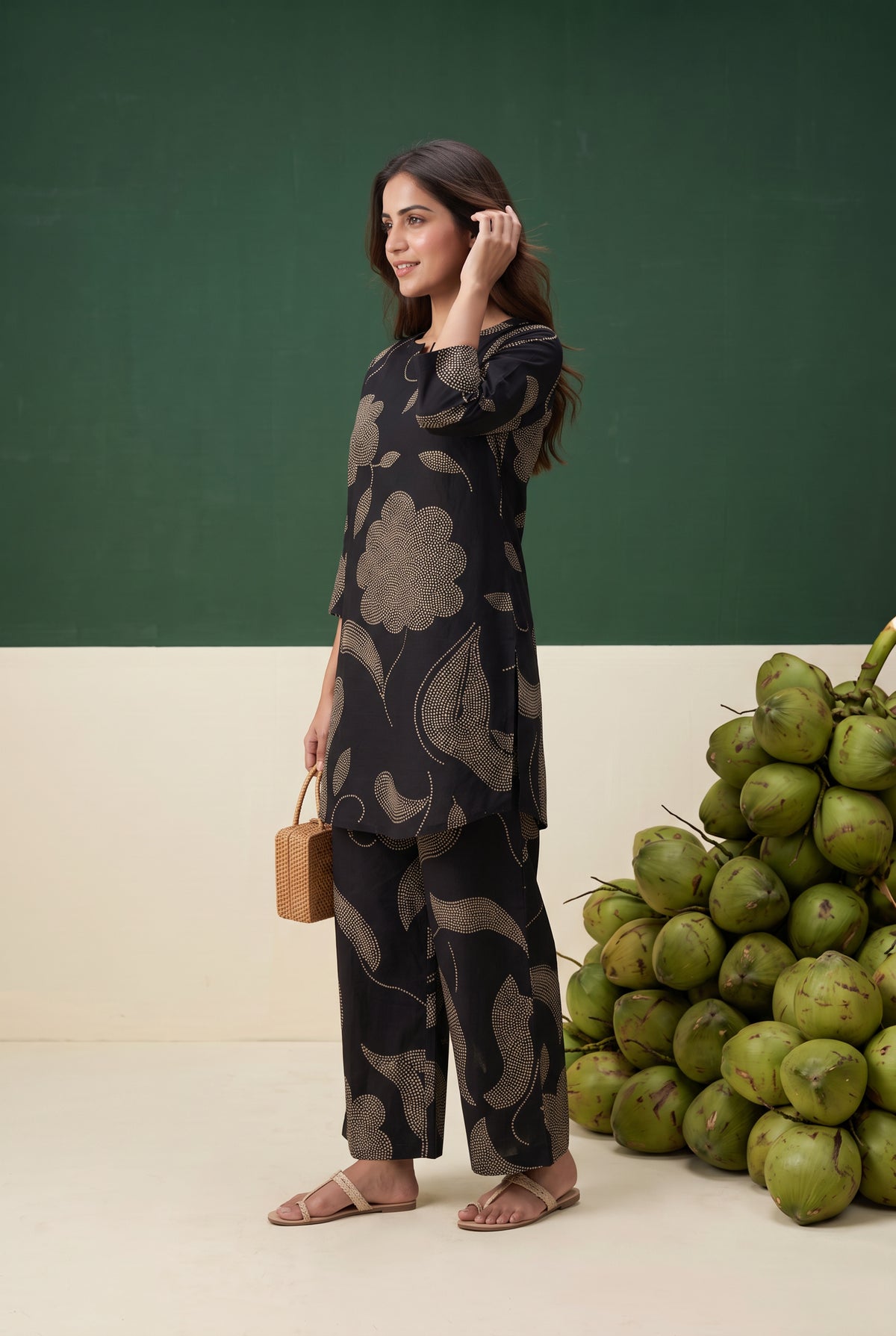 Black Floral and Leaf Printed Cotton Co-ord Set
