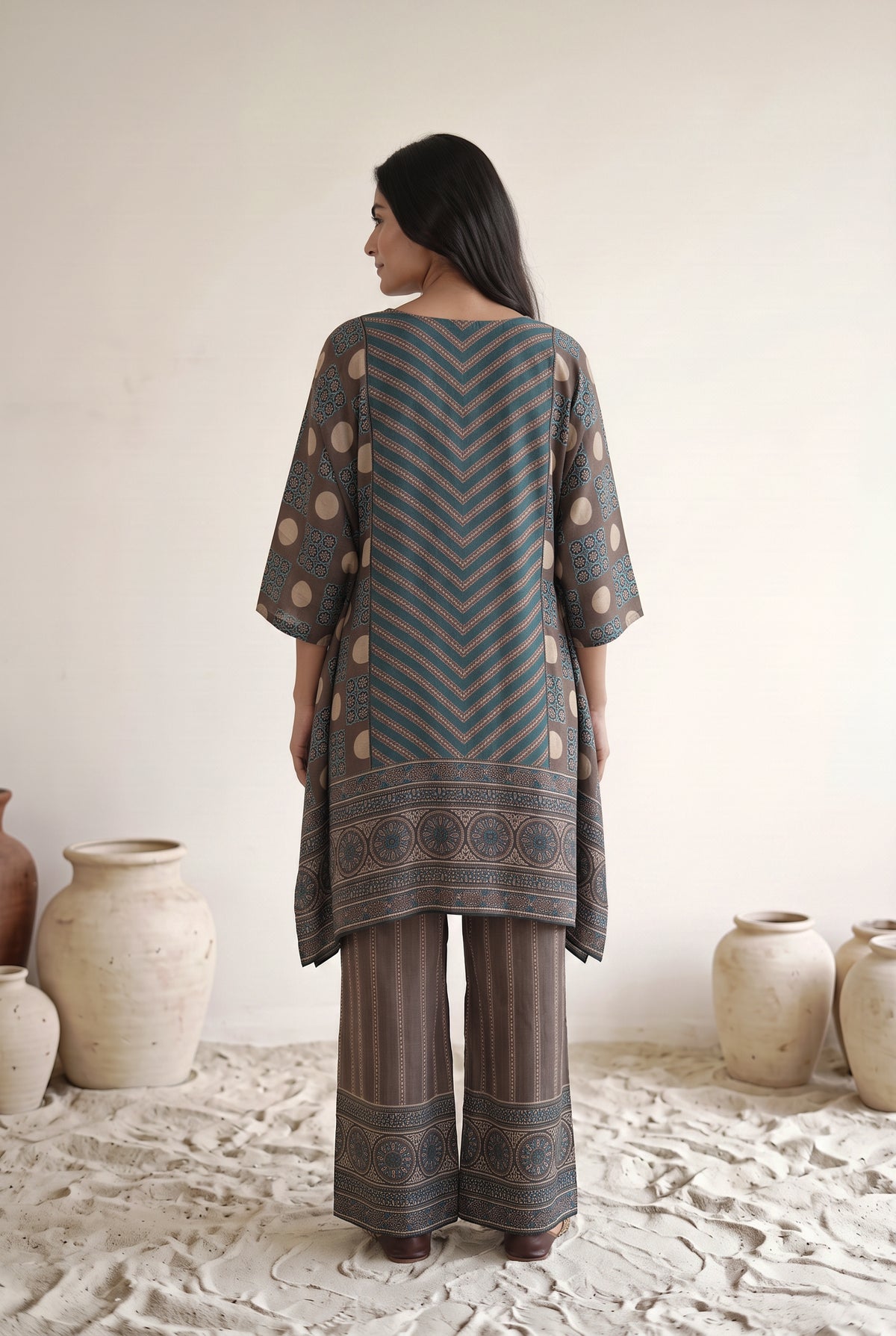 Aavya Teal & Brown Floral Printed Muslin Kaftan Set