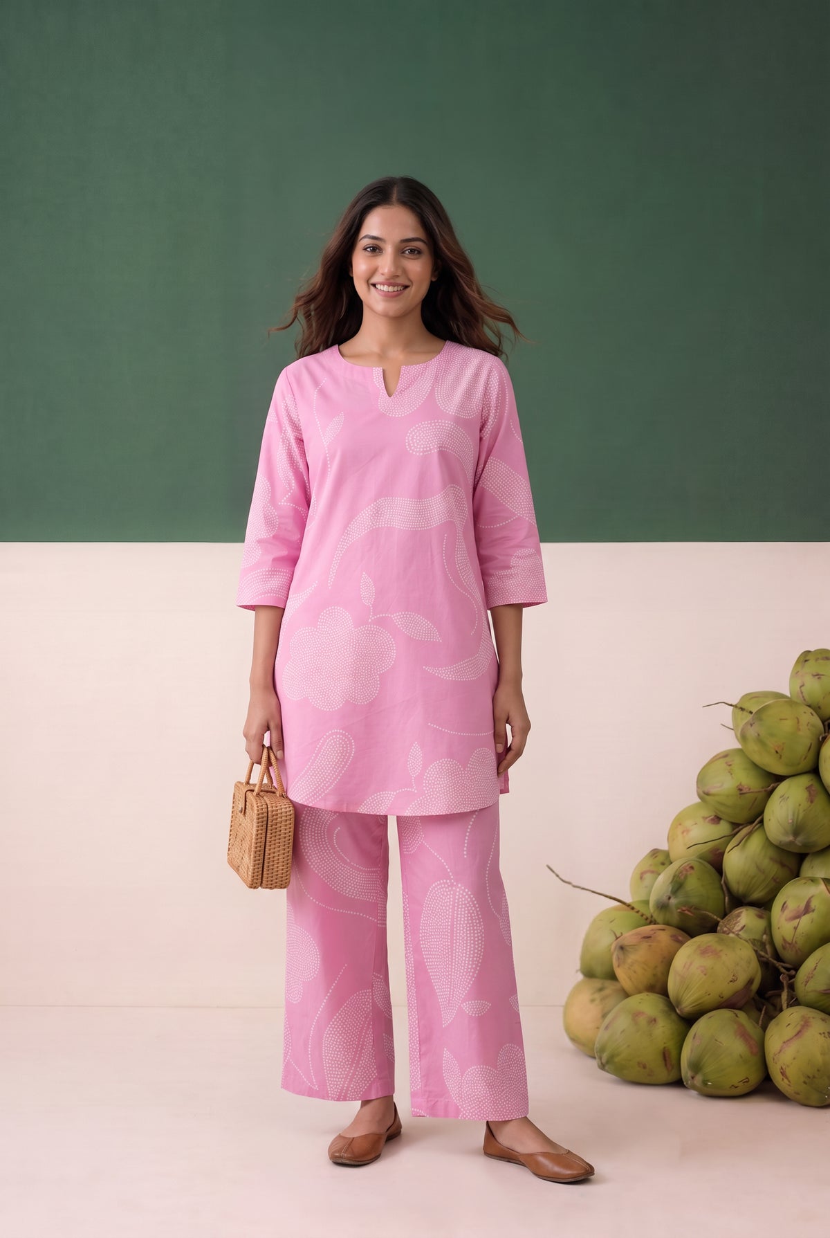 Pink Abstract Printed Cotton Loungewear Top Set