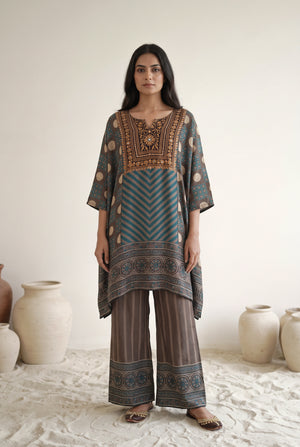 Aavya Teal & Brown Floral Printed Muslin Kaftan Set