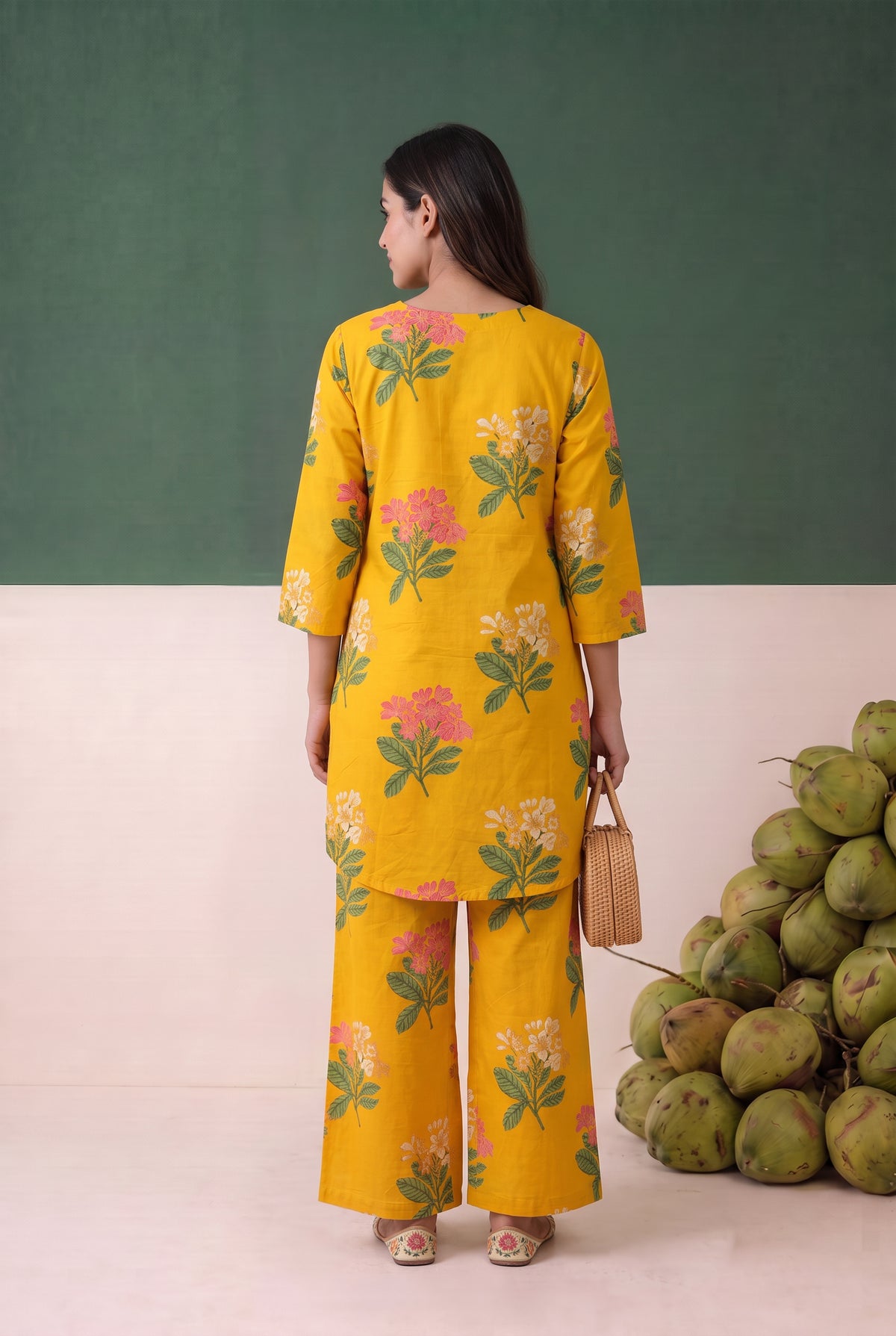 Yellow Floral Printed Cotton Loungewear Top Set