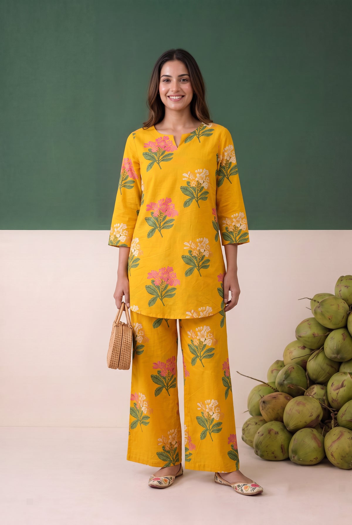 Yellow Floral Printed Cotton Loungewear Top Set