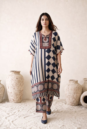 Inaya Navy Blue & Cream Floral Printed Muslin Kaftan Set