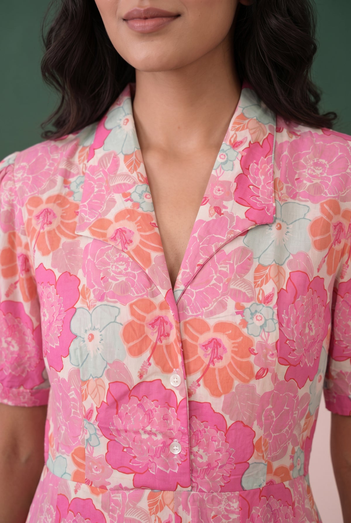 Pink Floral Printed Fit and Flare Midi Cotton Dress